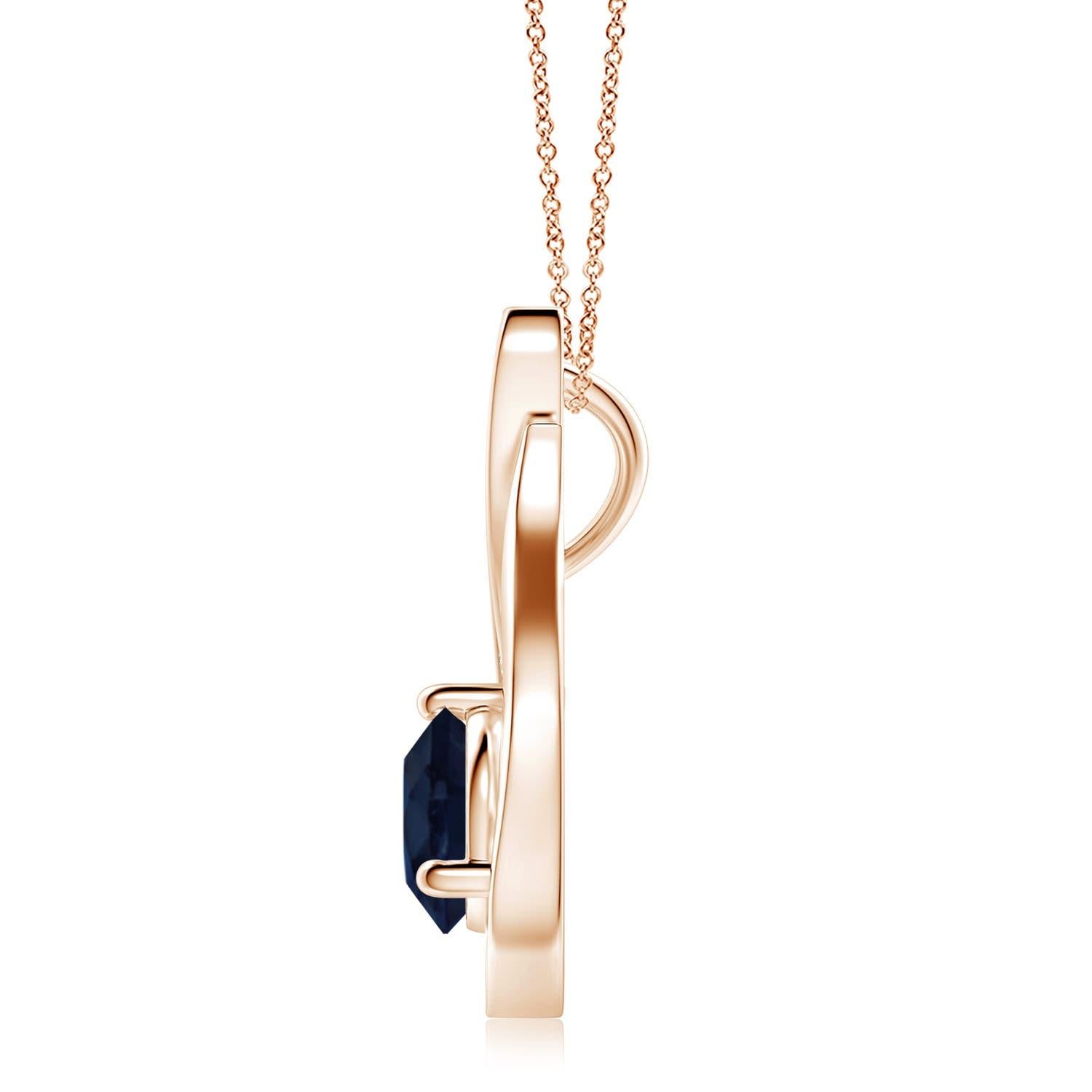 Ein Tulpenanhänger aus 14 Karat Roségold mit einem blauen Saphir, der Sie mit seinem göttlichen Glanz verzaubert. Das Design besteht aus einem runden Saphir in Zackenfassung und diamantenen Akzenten, die das ozeanartige Funkeln des Edelsteins