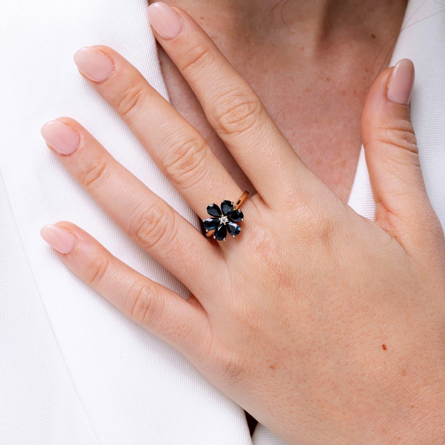 Modern Angara Natural 2.4 ct Blue Sapphire & Diamond Flower Ring in 14K Solid Gold For Sale