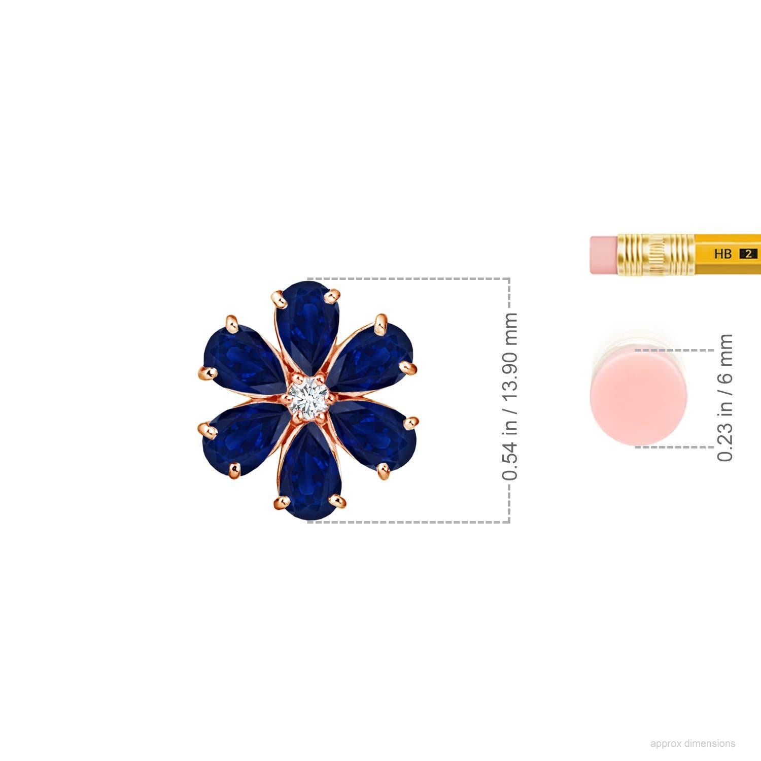 Réalisé en or rose 14k, ce pendentif en saphir et diamant présente un séduisant motif floral. Les saphirs en forme de poire éblouissent par leur allure bleue et sont embellis autour d'un diamant étincelant, formant une délicate fleur.
Le saphir bleu