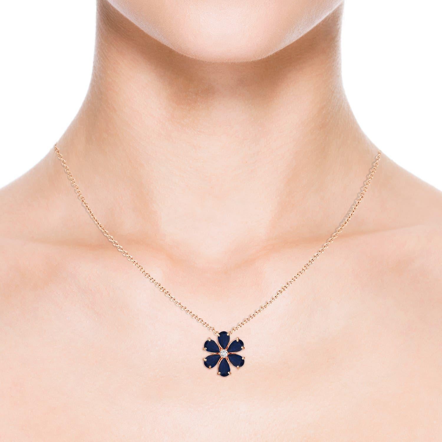 Taille ronde Pendentif Angara Natural 2.4 ct Blue Sapphire Flower Cluster en or rose 14K en vente