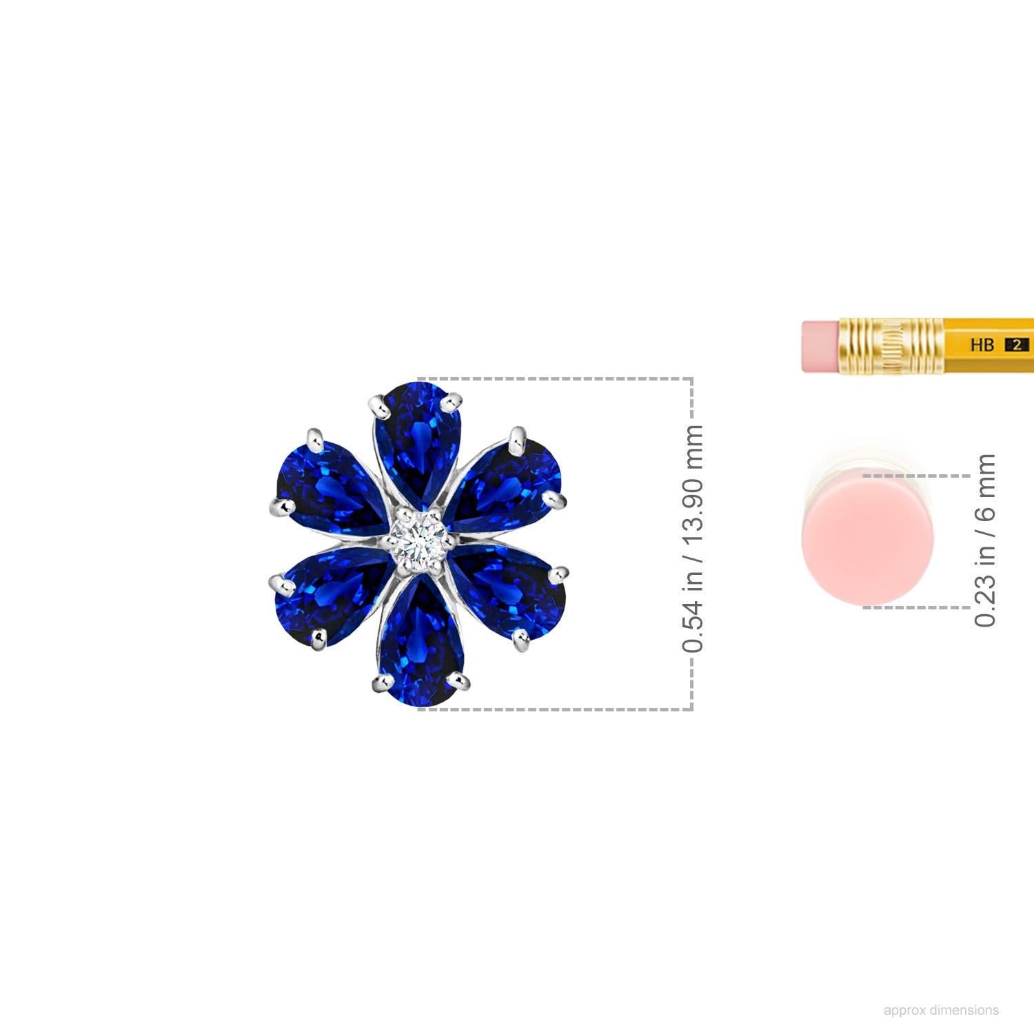 Crafted in 14k white gold, this sapphire and diamond pendant features an alluring floral design. pear-shaped sapphires dazzle with their blue allure and are embellished around a sparkling diamond, forming a dainty flower.
Blue Sapphire is the