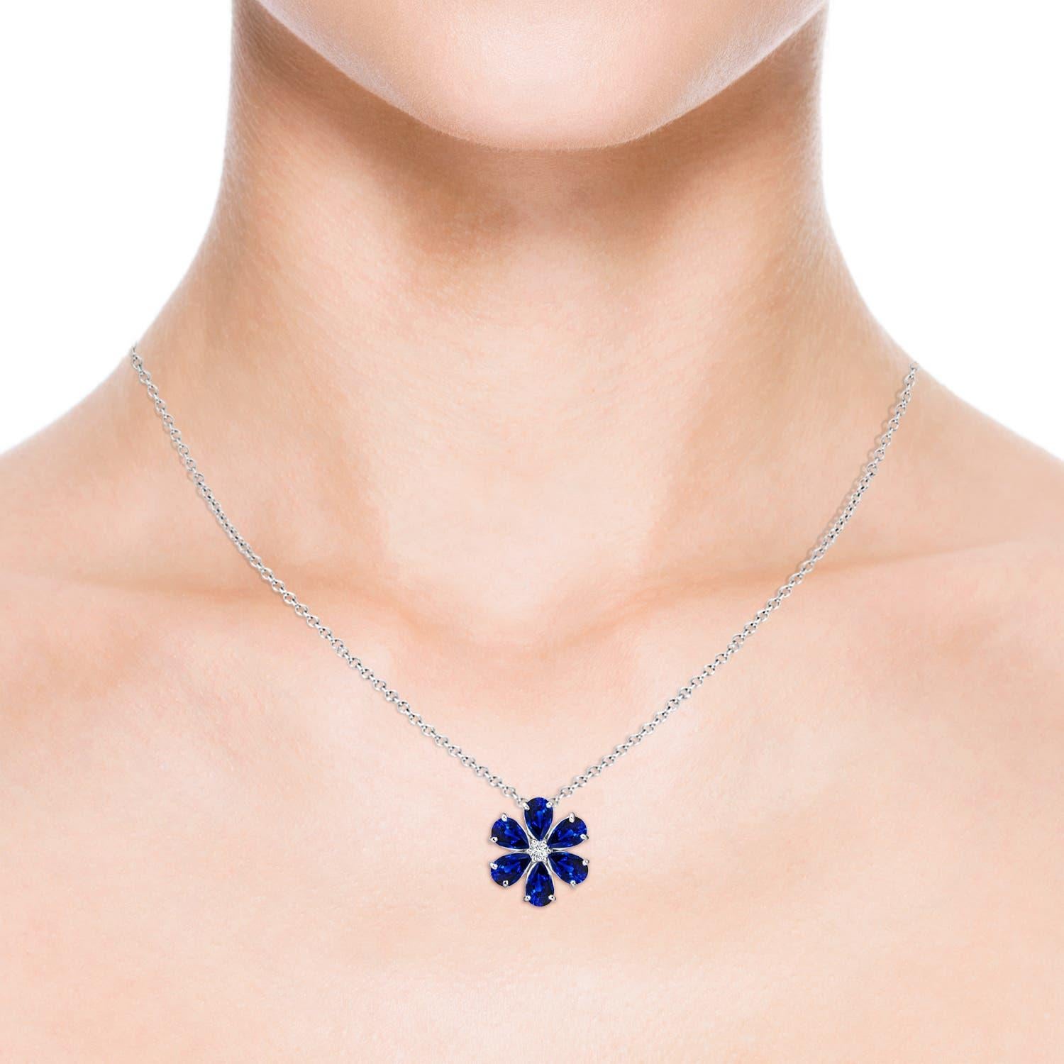 Round Cut Angara Natural 2.4 ct Blue Sapphire Flower Cluster Pendant in 14K White Gold For Sale