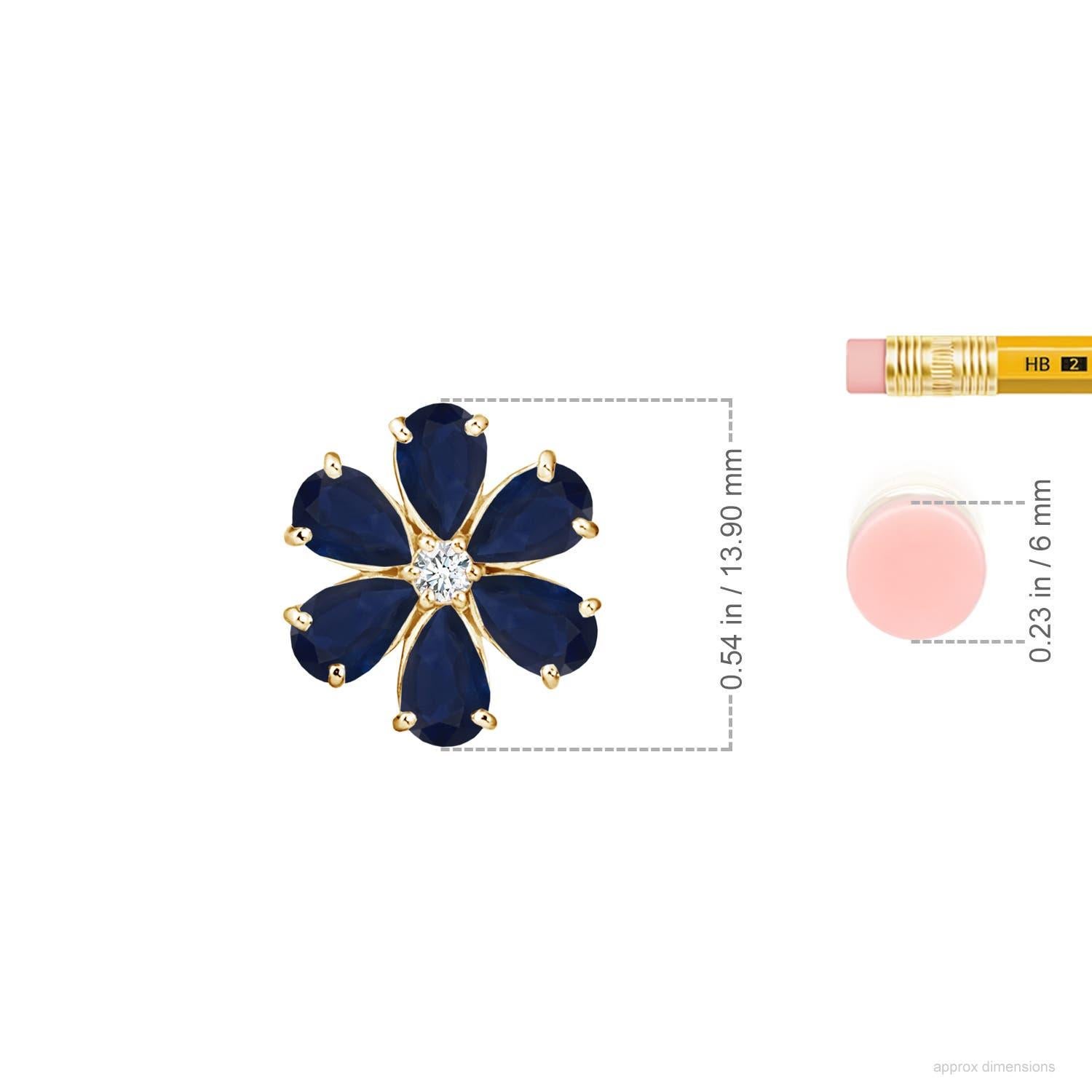 Réalisé en or jaune 14k, ce pendentif en saphir et diamant présente un séduisant motif floral. Les saphirs en forme de poire éblouissent par leur allure bleue et sont embellis autour d'un diamant étincelant, formant une délicate fleur.
Le saphir