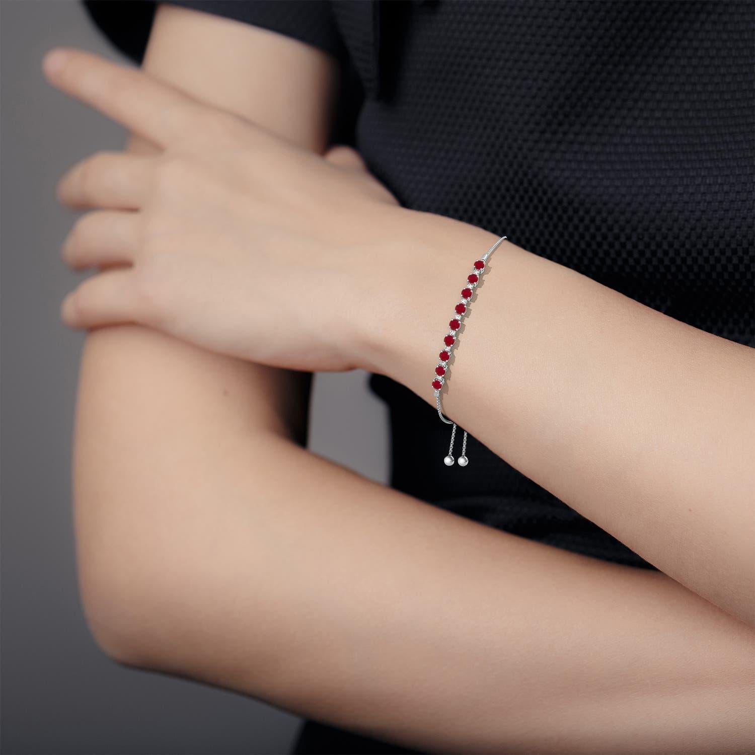 Round Cut Angara Natural 3.06 ct Ruby and Diamond Tennis Bolo Bracelet in 14K Solid Gold For Sale