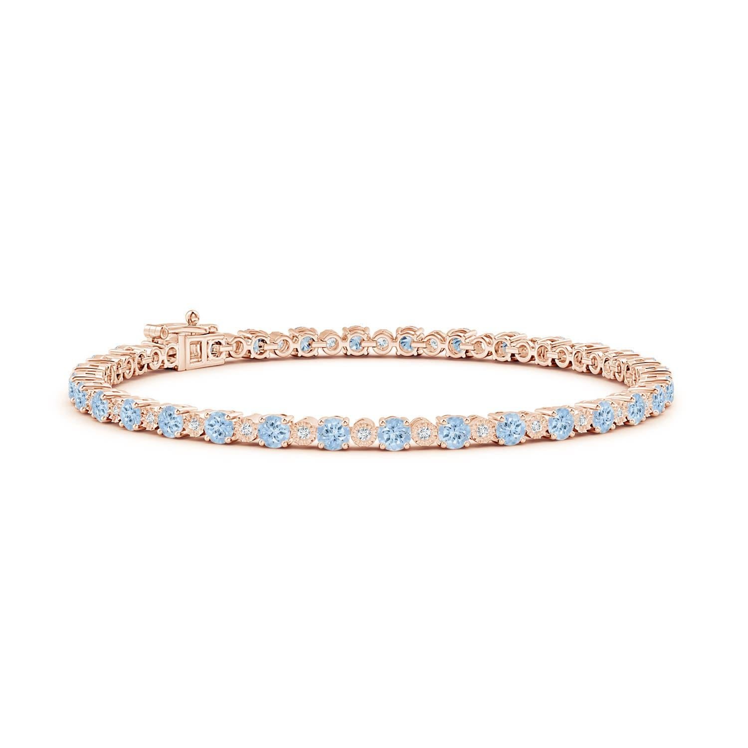 Round Cut Angara Natural 3.2ct Aquamarine and Illusion Diamond Tennis Bracelet in 14K Gold For Sale