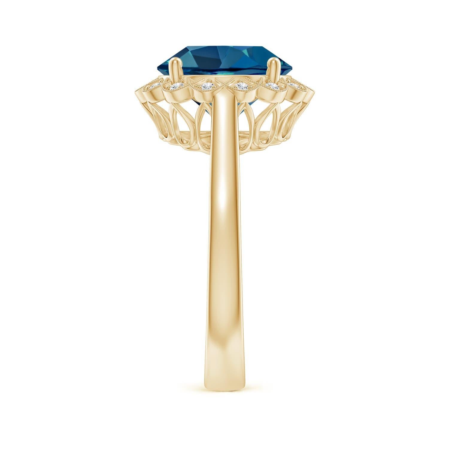 Angara natürlichen 4,2 ct London Blue Topaz Scalloped Halo Ring in 14K massivem Gold im Zustand „Neu“ im Angebot in Los Angeles, CA