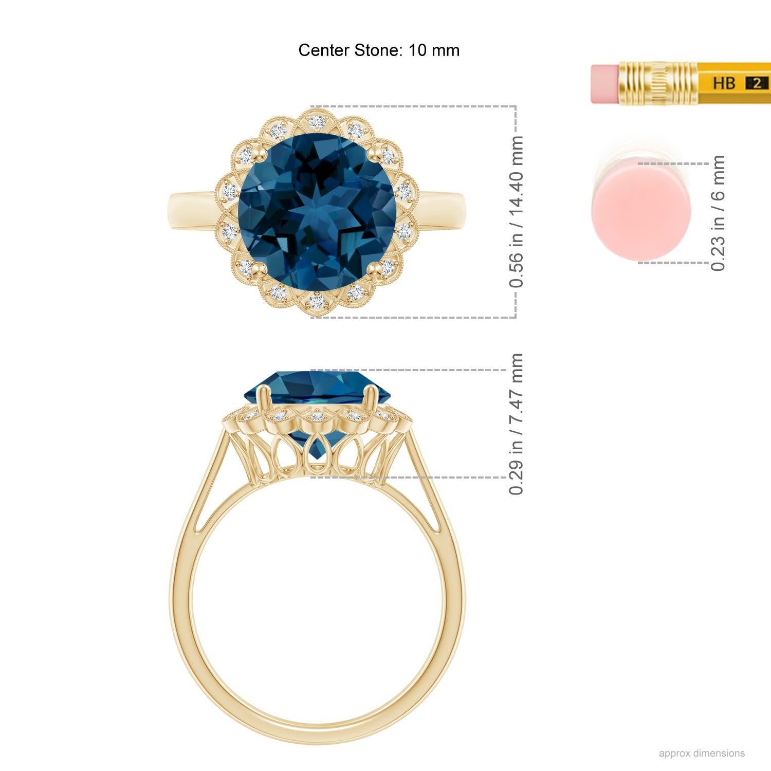 Angara natürlichen 4,2 ct London Blue Topaz Scalloped Halo Ring in 14K massivem Gold Damen im Angebot