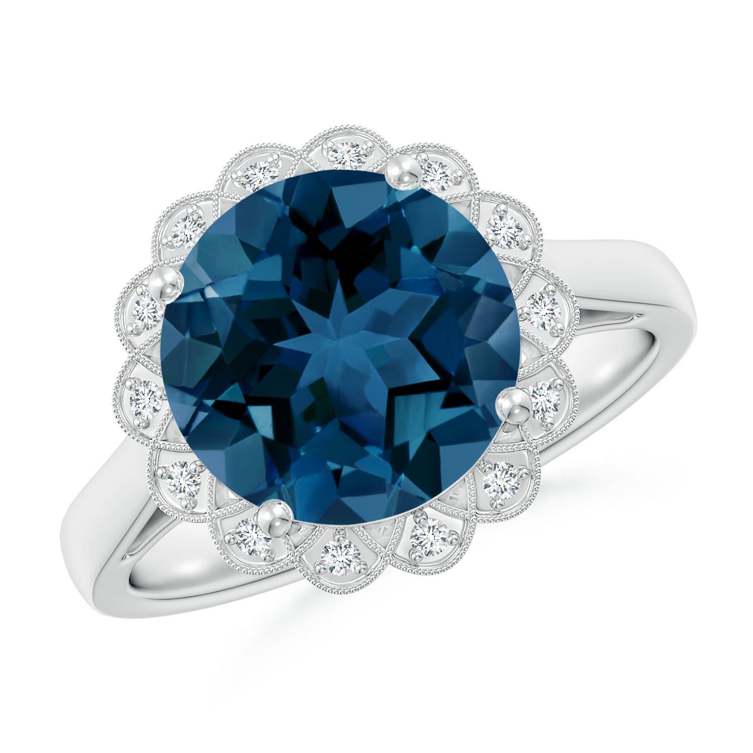 Angara natürlichen 4,2 ct London Blue Topaz Scalloped Halo Ring in 14K massivem Gold im Angebot 1
