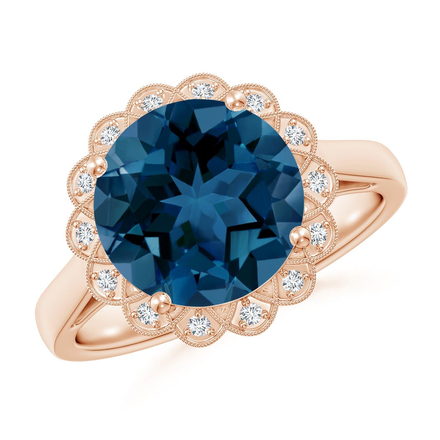 Angara natürlichen 4,2 ct London Blue Topaz Scalloped Halo Ring in 14K massivem Gold im Angebot 2