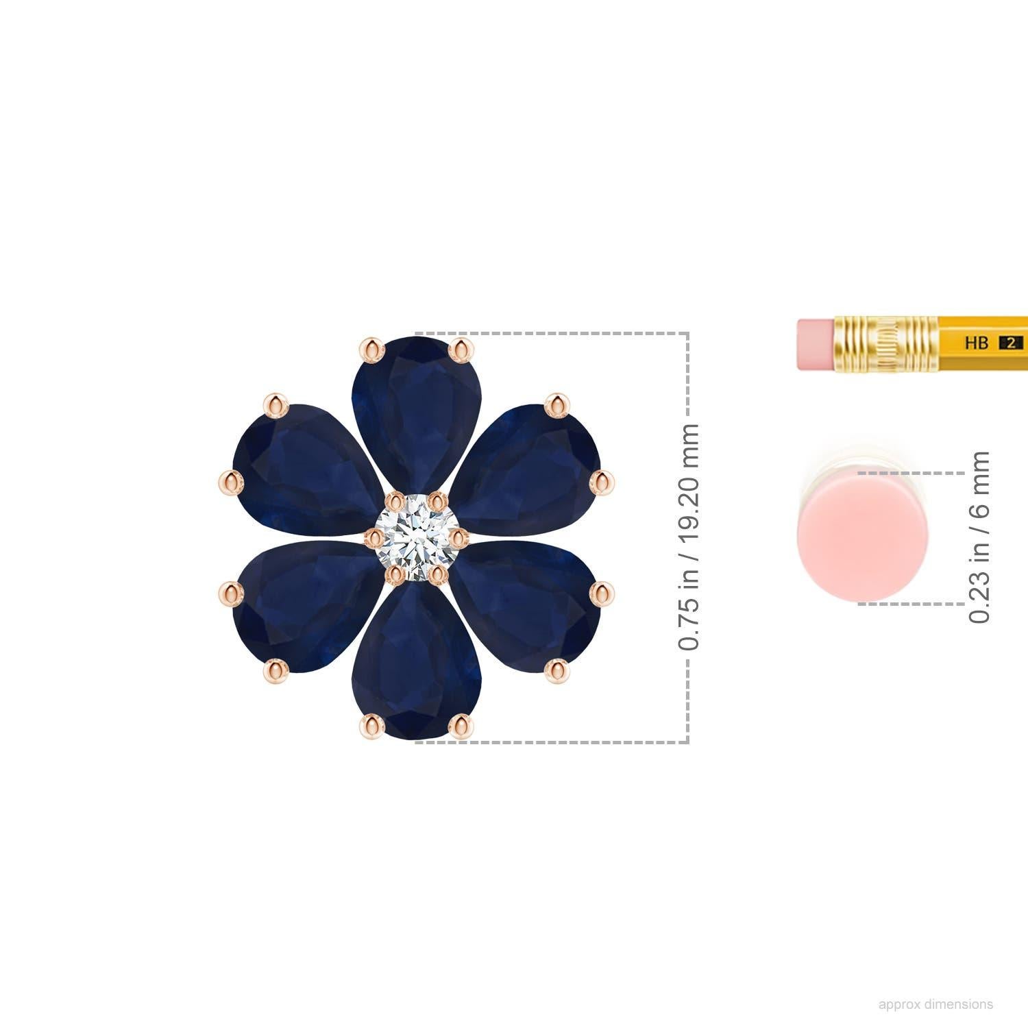 Réalisé en or rose 14k, ce pendentif en saphir et diamant présente un séduisant motif floral. Les saphirs en forme de poire éblouissent par leur allure bleue et sont embellis autour d'un diamant étincelant, formant une délicate fleur.
Le saphir bleu