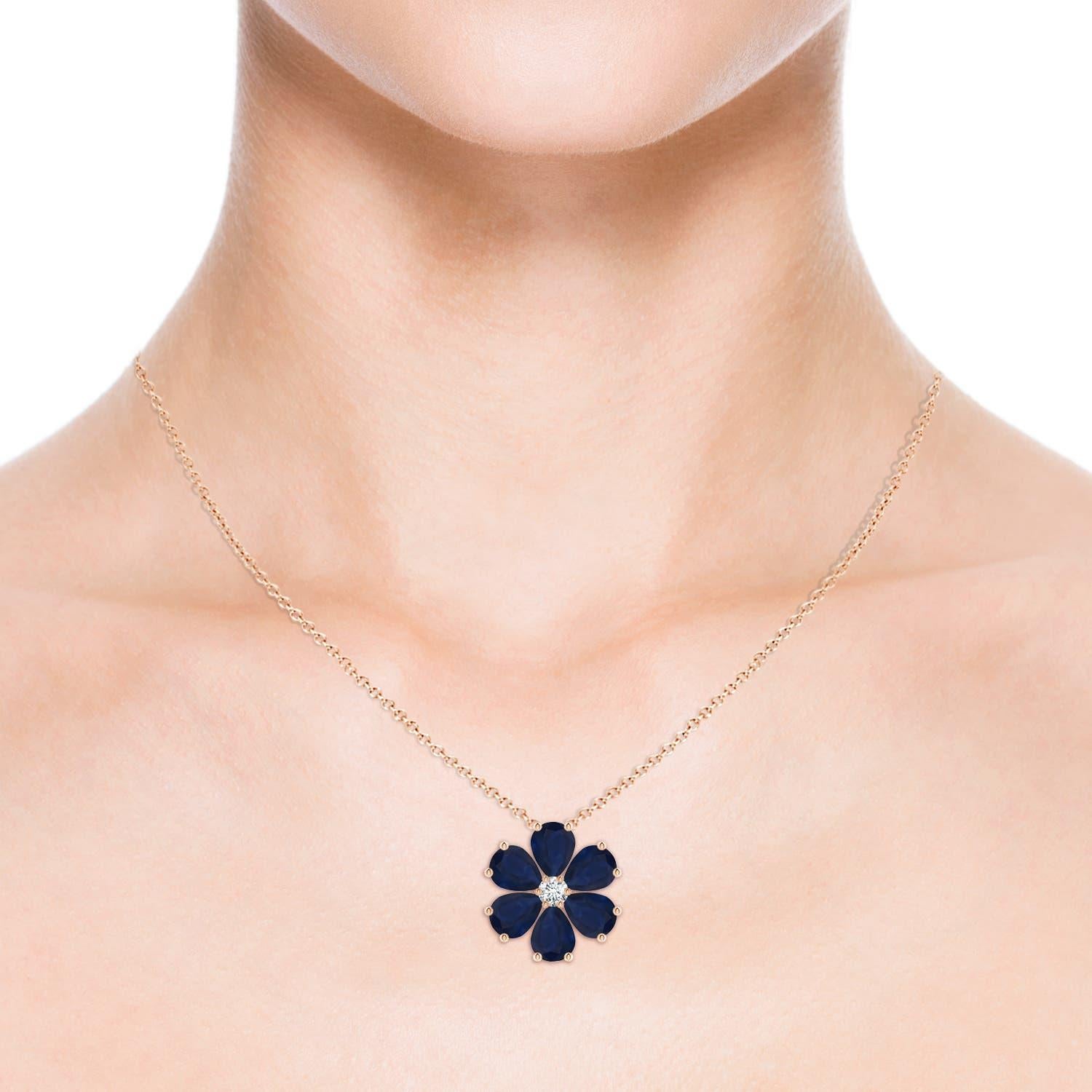 Taille ronde Pendentif Angara Natural 6.9 ct Blue Sapphire Flower Cluster en or rose 14K en vente