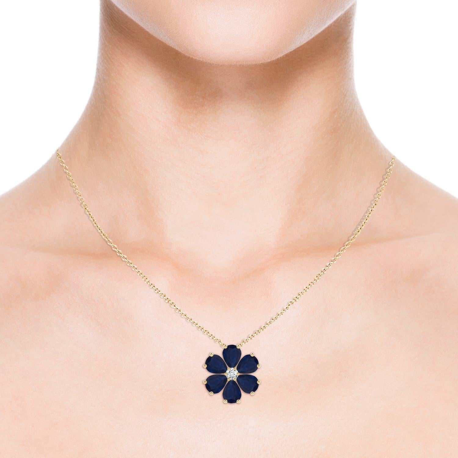 Taille ronde Pendentif Angara Natural 6.9 ct Blue Sapphire Flower Cluster en or jaune 14K en vente