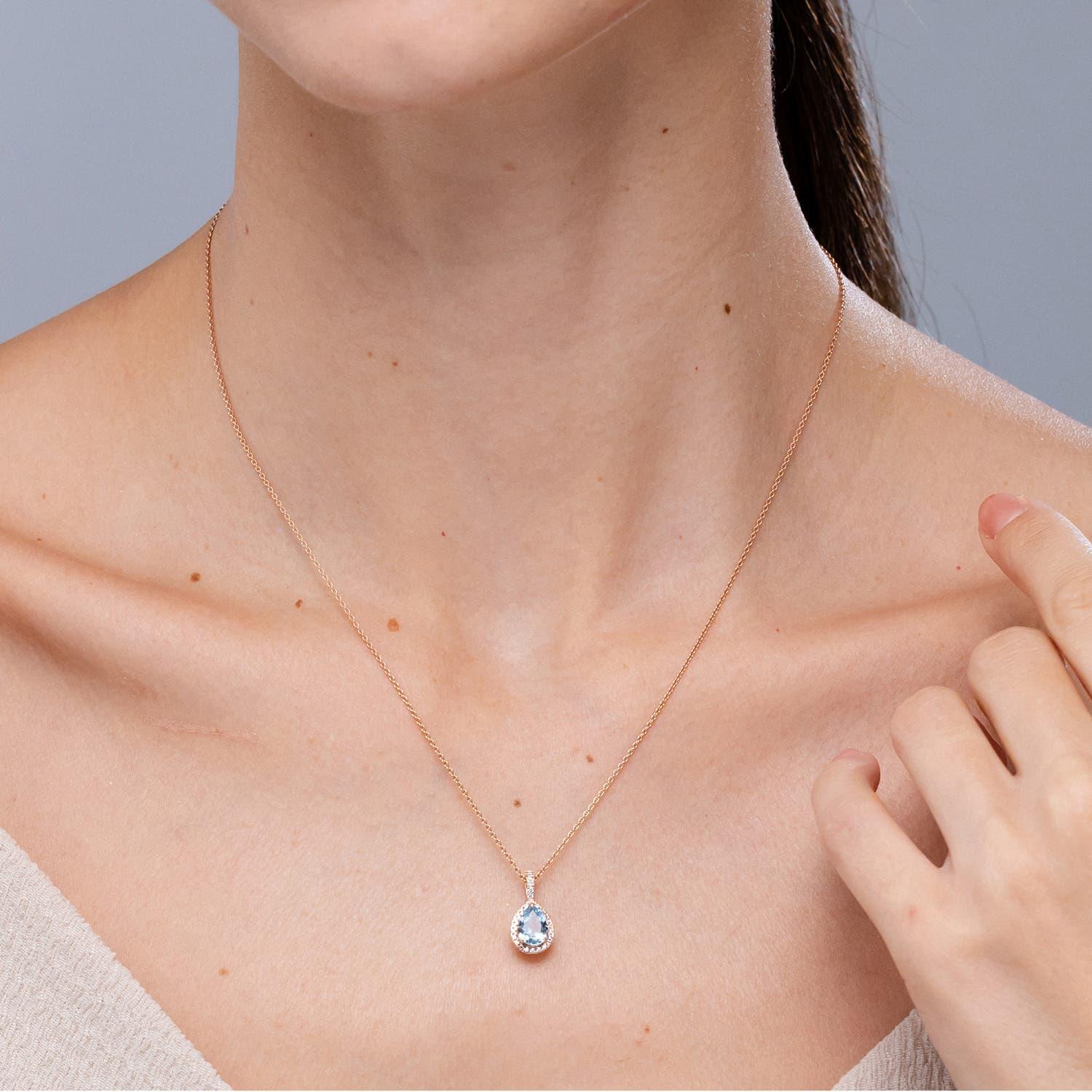 Modern Angara Natural Aquamarine Teardrop Pendant with Diamond Halo in 14K Solid Gold For Sale