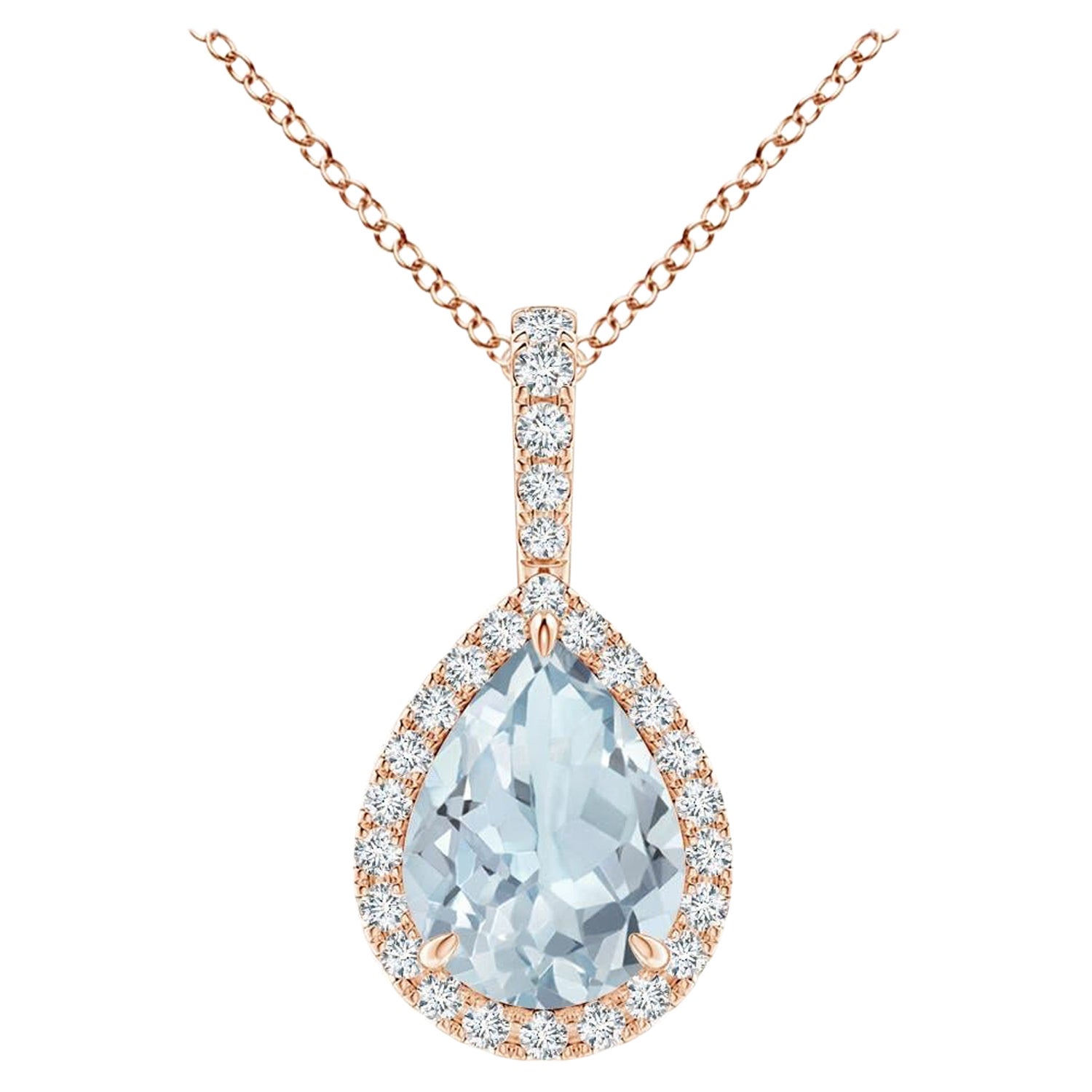Pendentif goutte d'aigue-marine naturelle avec halo de diamants en or massif 14K Angara