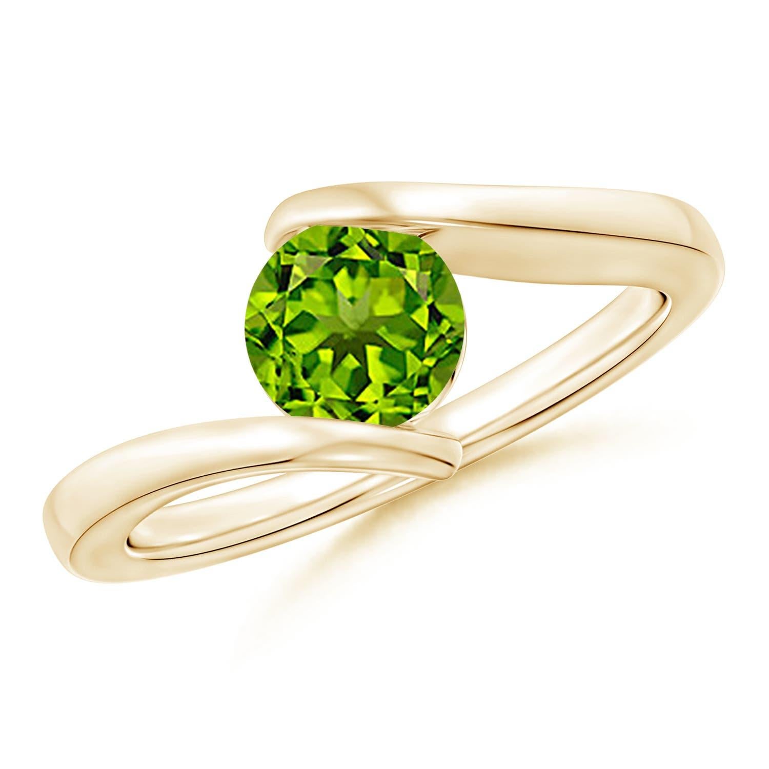 Angara Natural Bar-Set Solitaire Round Peridot Bypass Ring in 14K Solid Gold For Sale 1