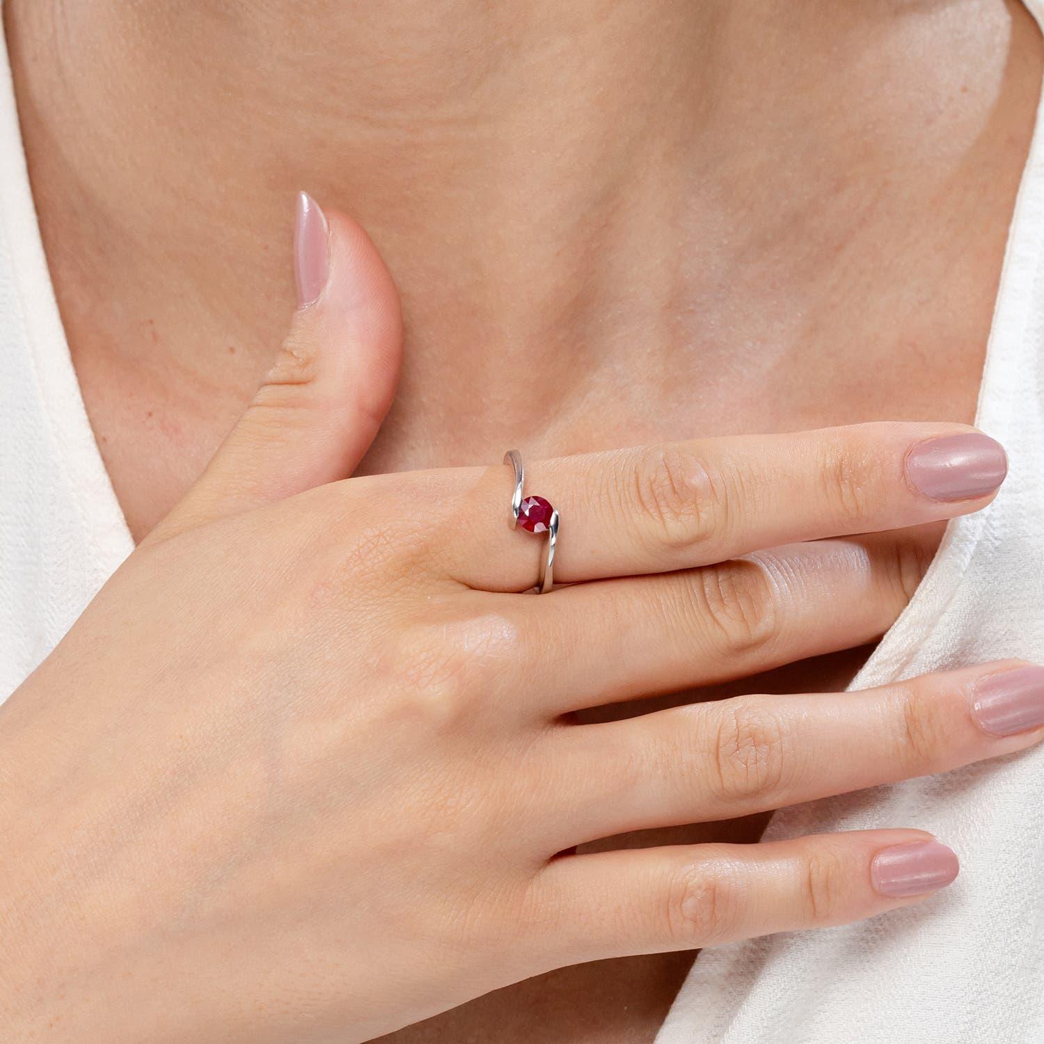 Round Cut Angara Natural Bar-Set Solitaire Round Ruby Bypass Ring in 14K Solid Gold For Sale
