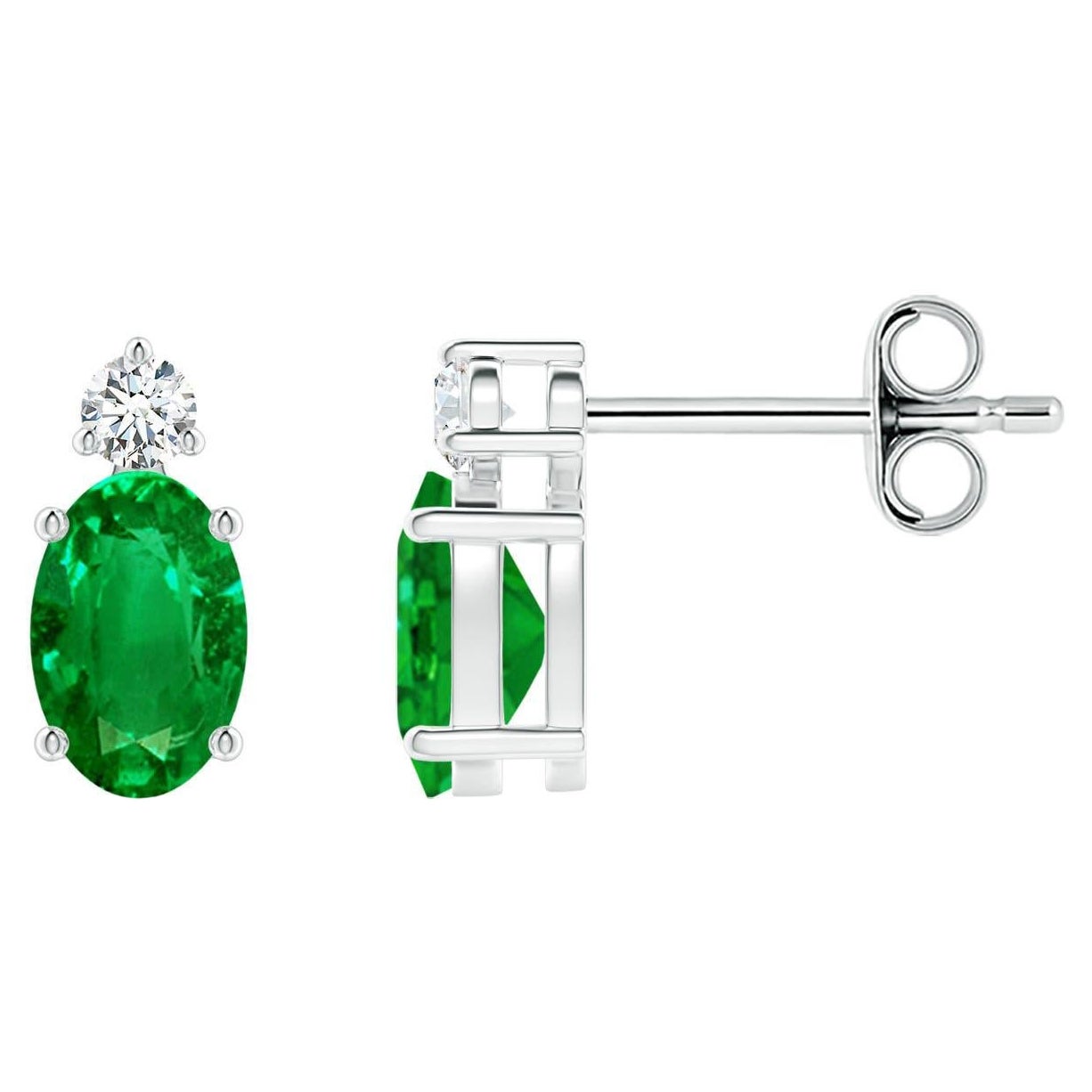 Angara - Boucles d'oreilles en or 14 carats avec émeraude ovale sertie d'un panier et d'un diamant