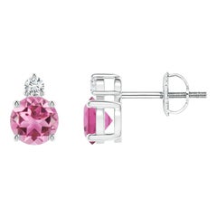 Angara Natural Basket-Set Pink Tourmaline & Diamond Stud Earrings in 14K Gold