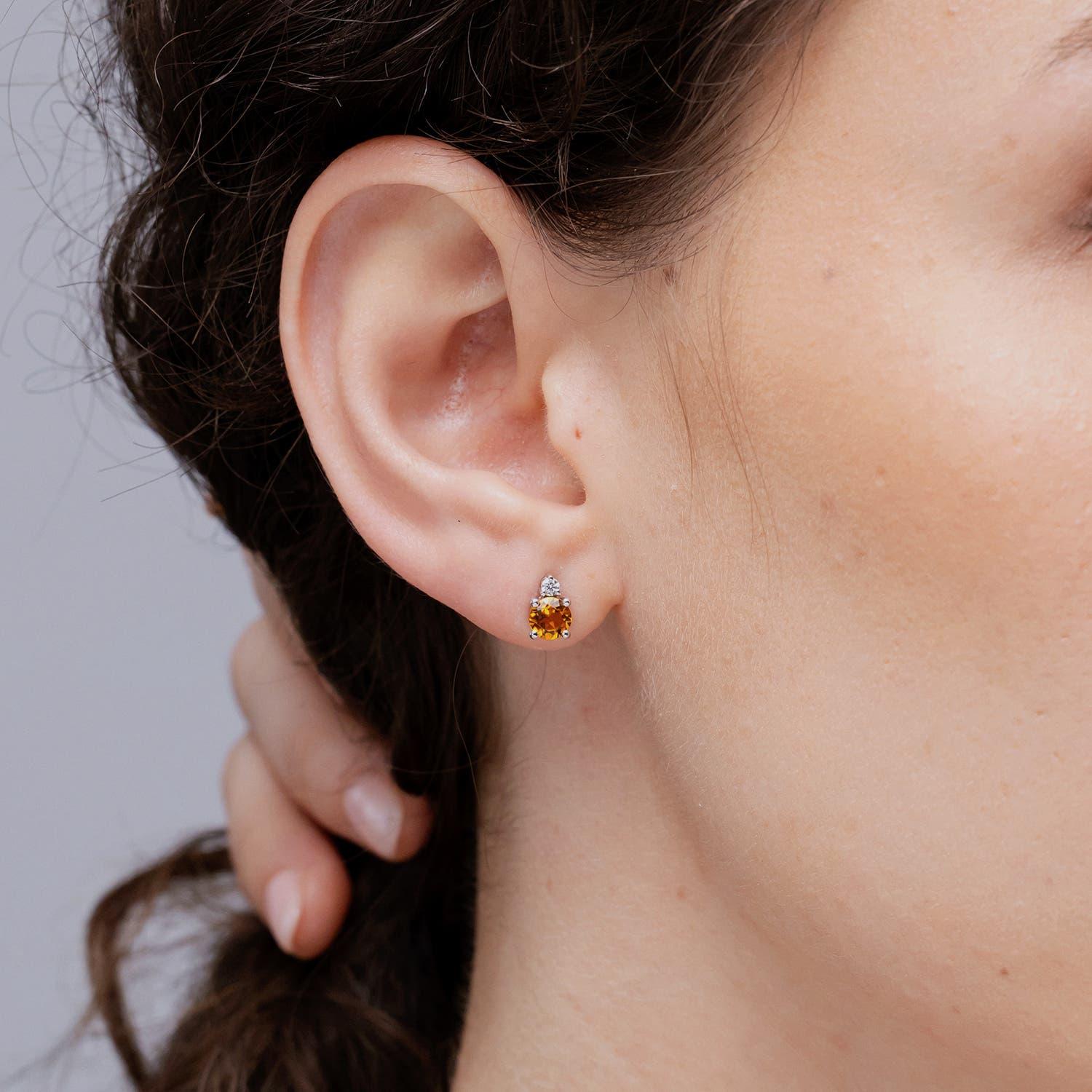 Modern Angara Natural Basket-Set Round Citrine Stud Earrings with Diamond in 14K Gold For Sale