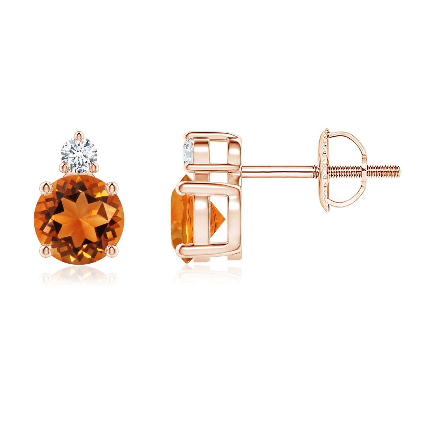 Angara Natural Basket-Set Round Citrine Stud Earrings with Diamond in 14K Gold In New Condition For Sale In Los Angeles, CA