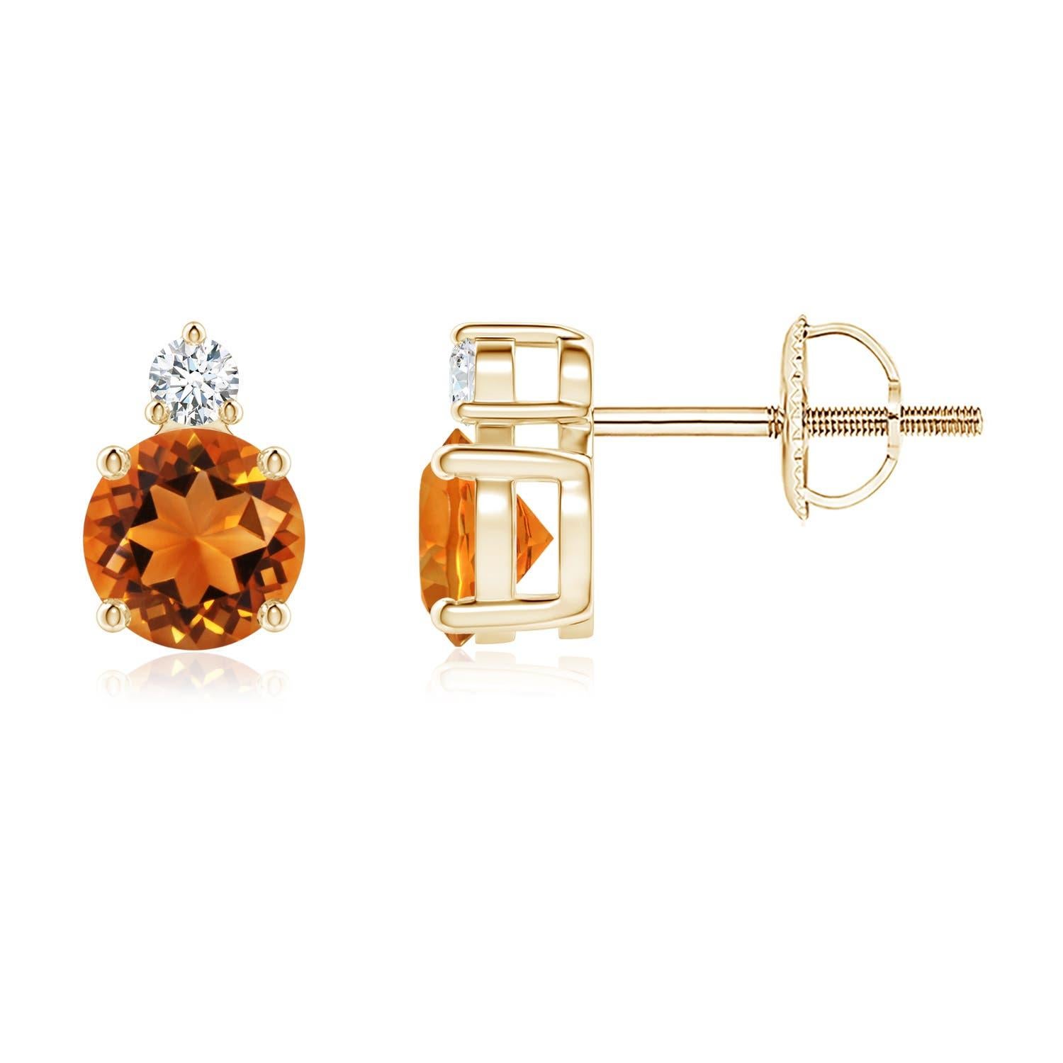 Women's Angara Natural Basket-Set Round Citrine Stud Earrings with Diamond in 14K Gold For Sale