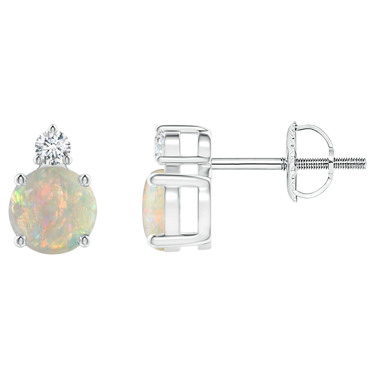 Angara Orecchino con Opale tondo incastonato a cestino naturale e diamante in oro massiccio 14K