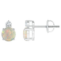 Angara Natural Basket-Set Round Opal Stud Earring with Diamond in 14K Solid Gold
