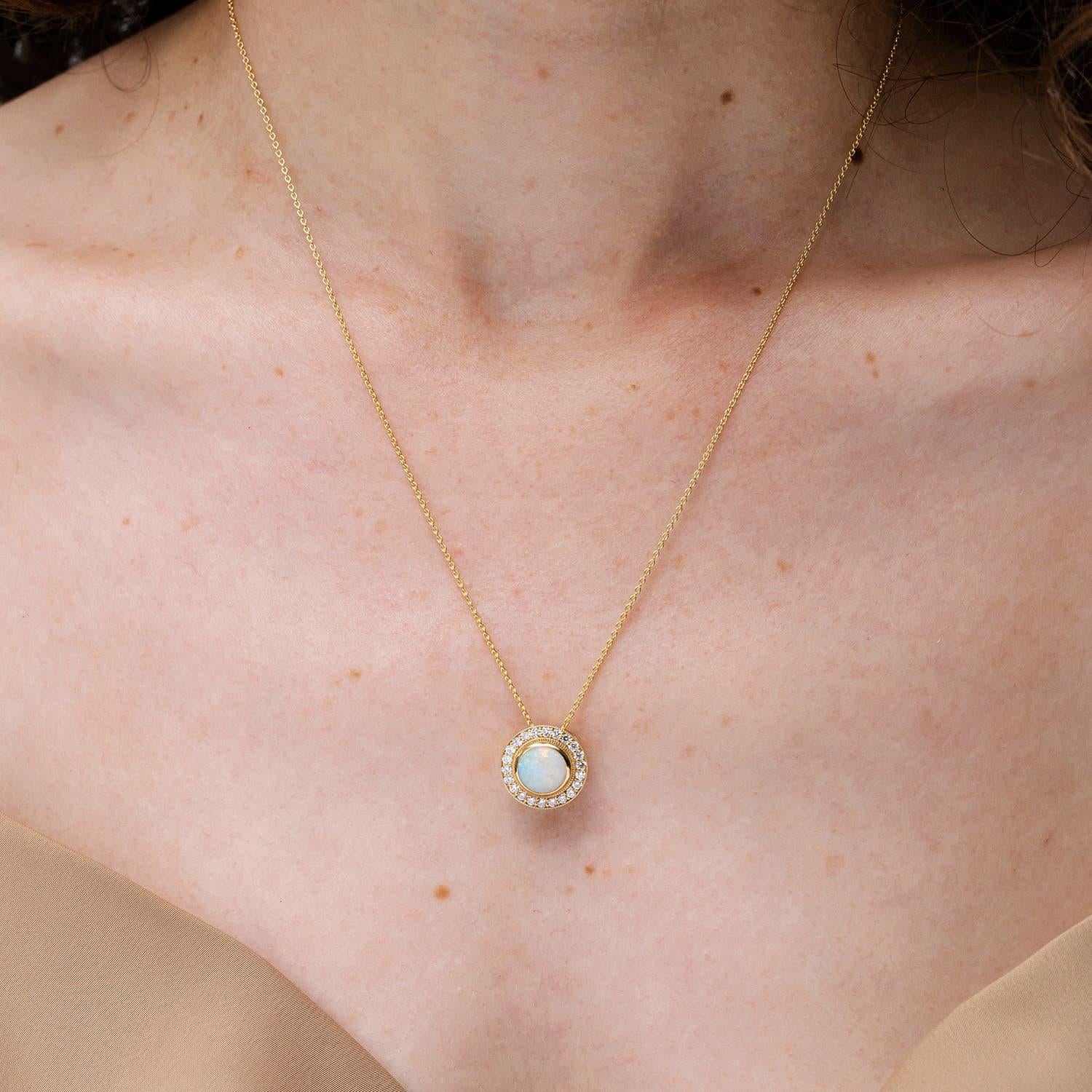 Modern Angara Natural Bezel-Set 1.15ct Opal Pendant with Diamond Halo in 14K Solid Gold For Sale
