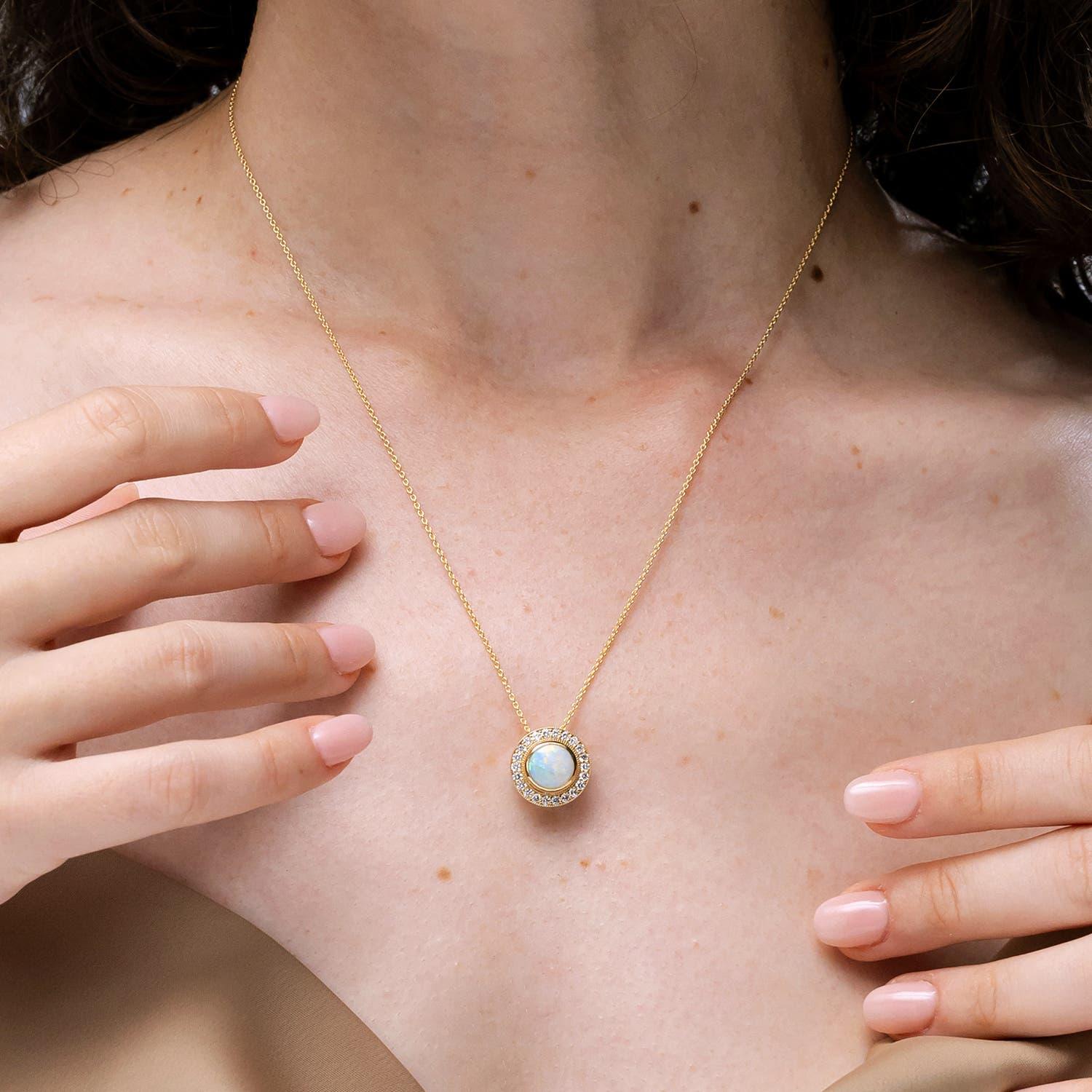 Round Cut Angara Natural Bezel-Set 1.15ct Opal Pendant with Diamond Halo in 14K Solid Gold For Sale