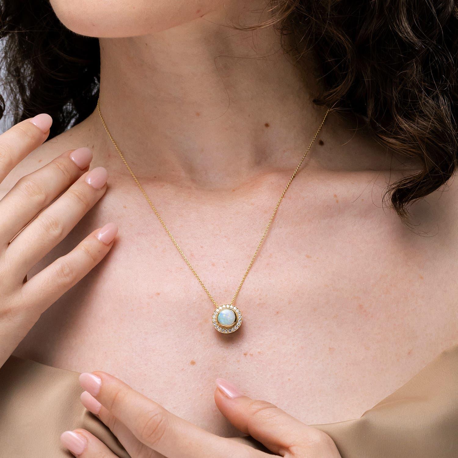Angara Natural Bezel-Set 1.15ct Opal Pendant with Diamond Halo in 14K Solid Gold In New Condition For Sale In Los Angeles, CA