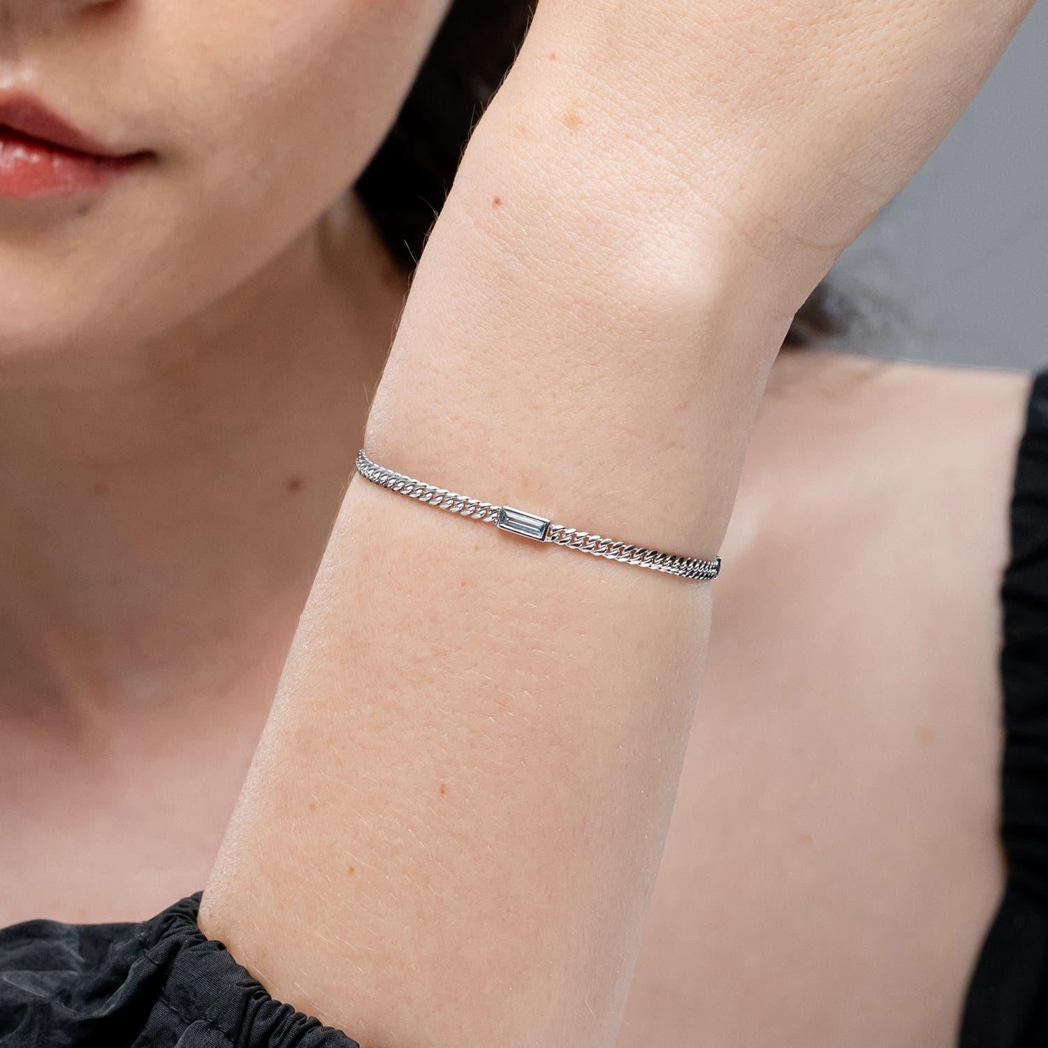 Modern Angara Natural Bezel-Set Baguette Swiss Blue Topaz Link Chain Bracelet 14K Gold For Sale