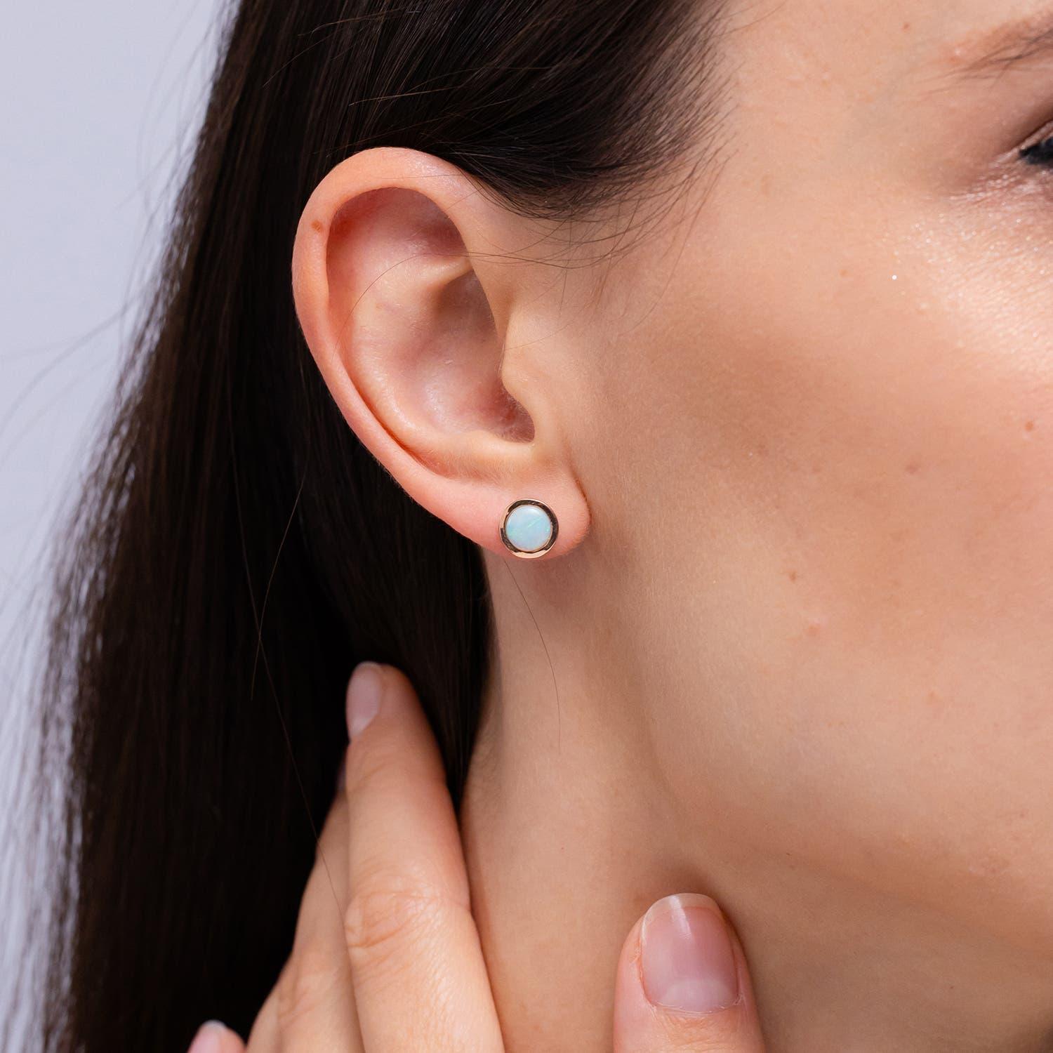 Modern Angara Natural Bezel-Set Round Cabochon 1ct Opal Stud Earrings in 14K Solid Gold For Sale