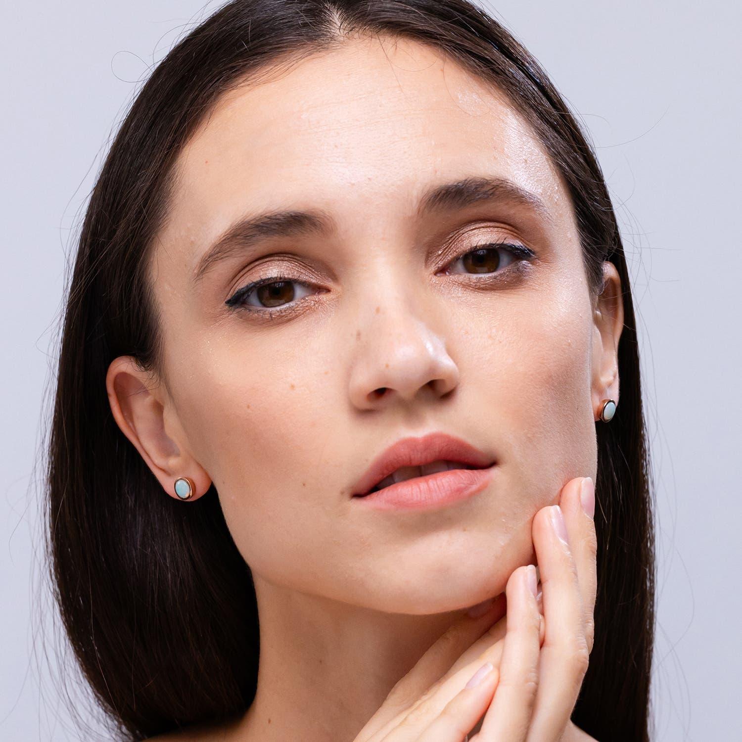 Round Cut Angara Natural Bezel-Set Round Cabochon 1ct Opal Stud Earrings in 14K Solid Gold For Sale
