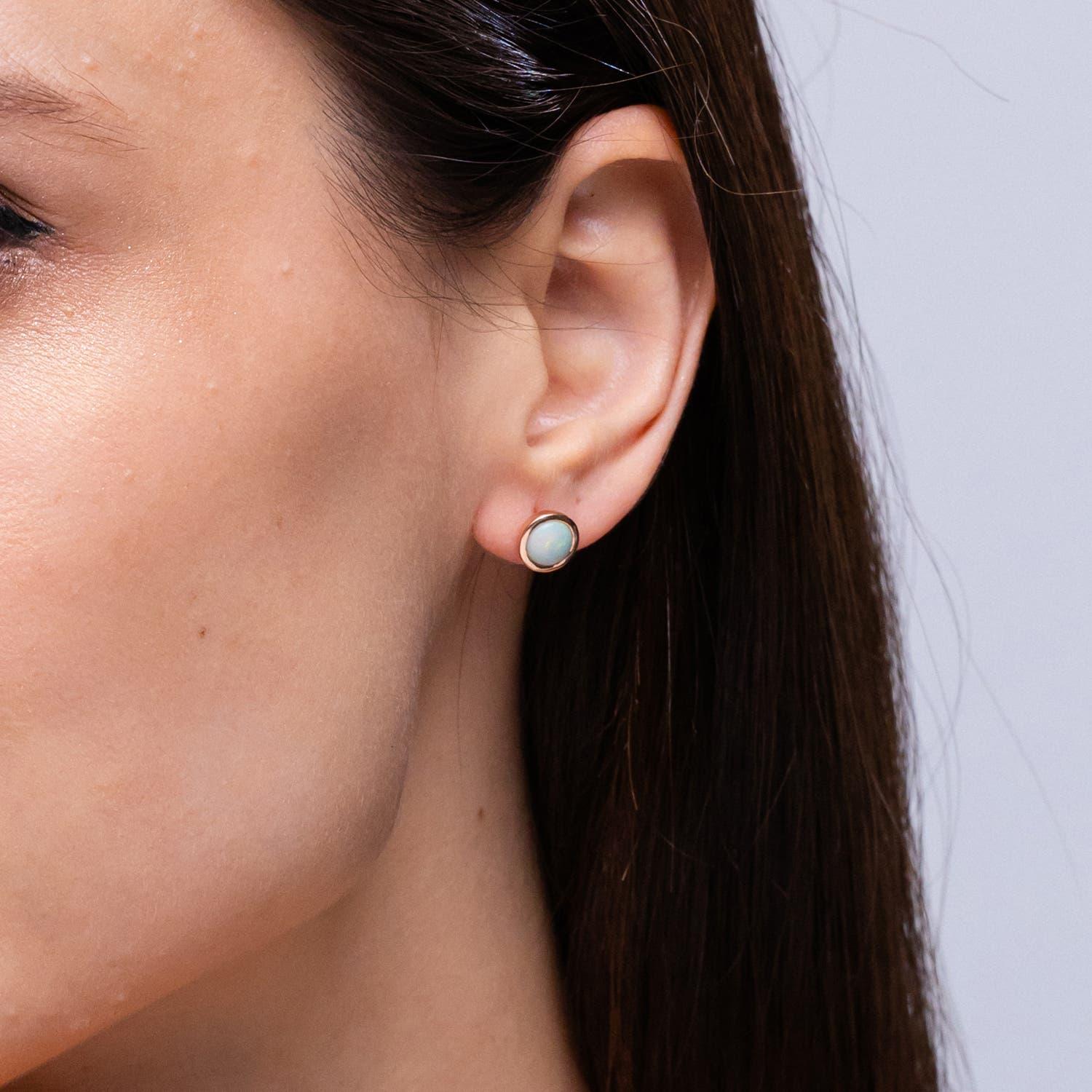 Angara Natural Bezel-Set Round Cabochon 1ct Opal Stud Earrings in 14K Solid Gold In New Condition For Sale In Los Angeles, CA
