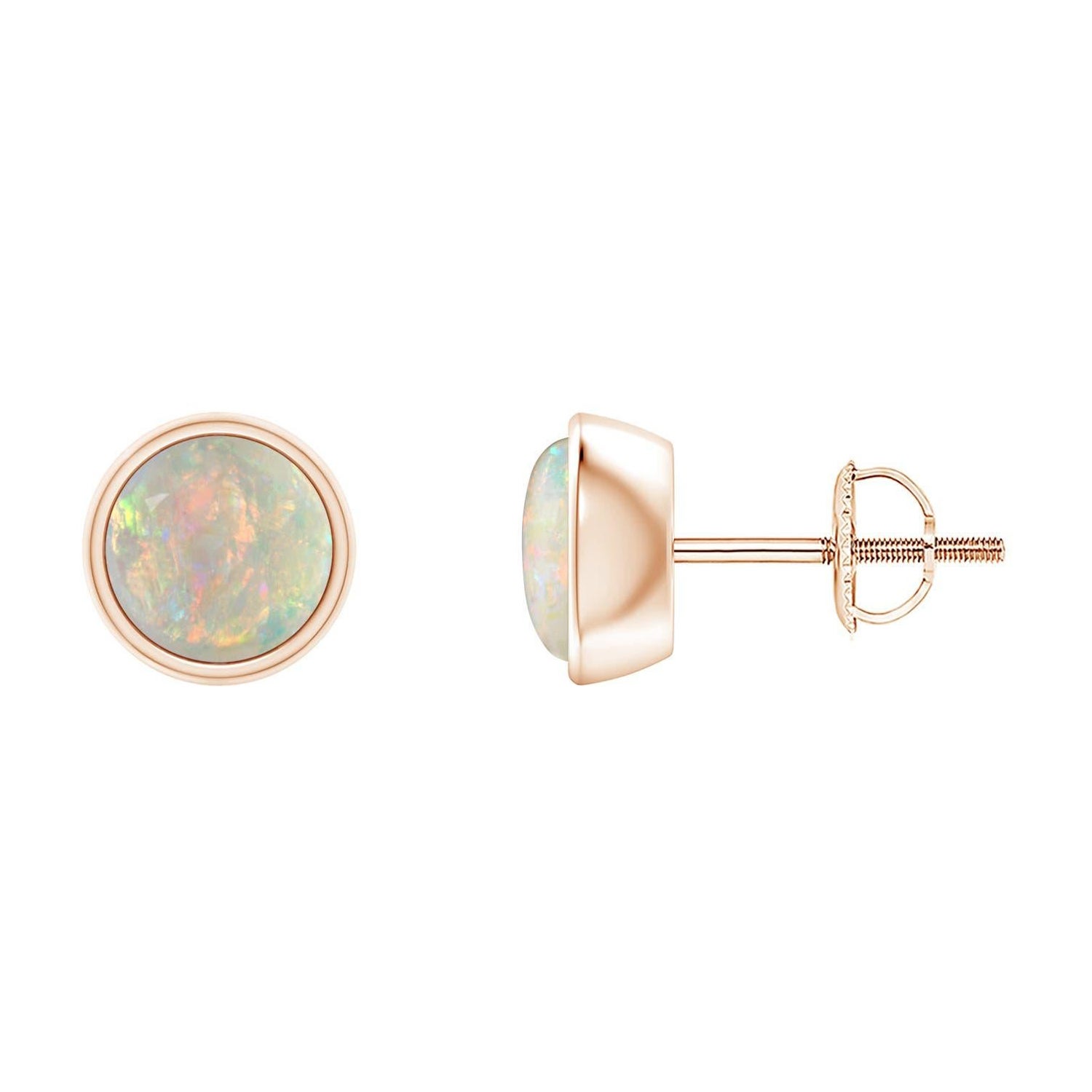 Angara - Boucles d'oreilles en or massif 14 carats - Opale ronde cabochon 1ct, sertie closes par un chaton naturel