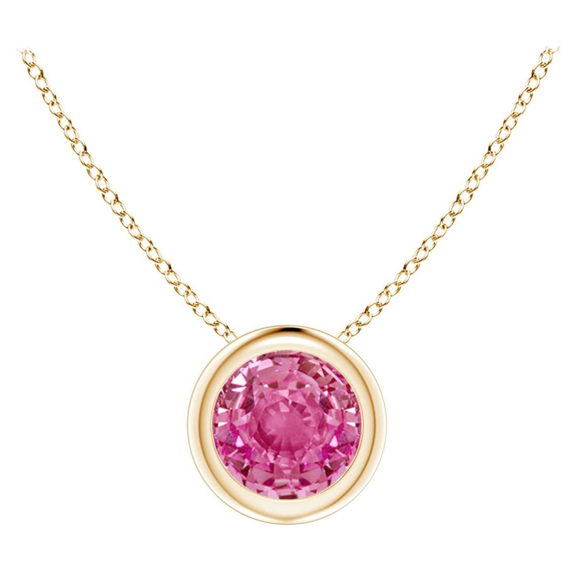 Ciondolo solitario con zaffiro rosa rotondo incastonato a castone di Angara in oro massiccio 14K in vendita