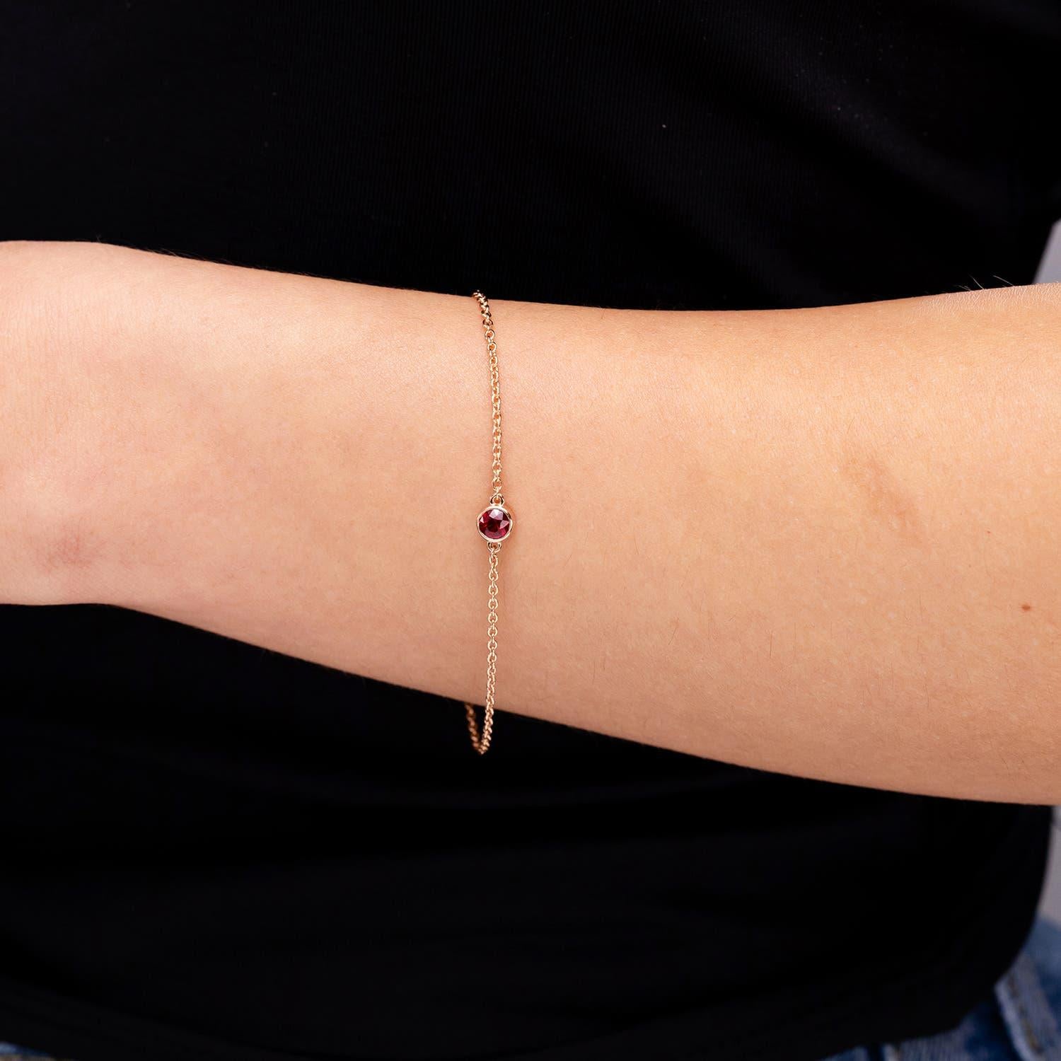 Modern Angara Natural Bezel-Set Round Ruby Chain Bracelet in 14K Solid Gold for Women For Sale