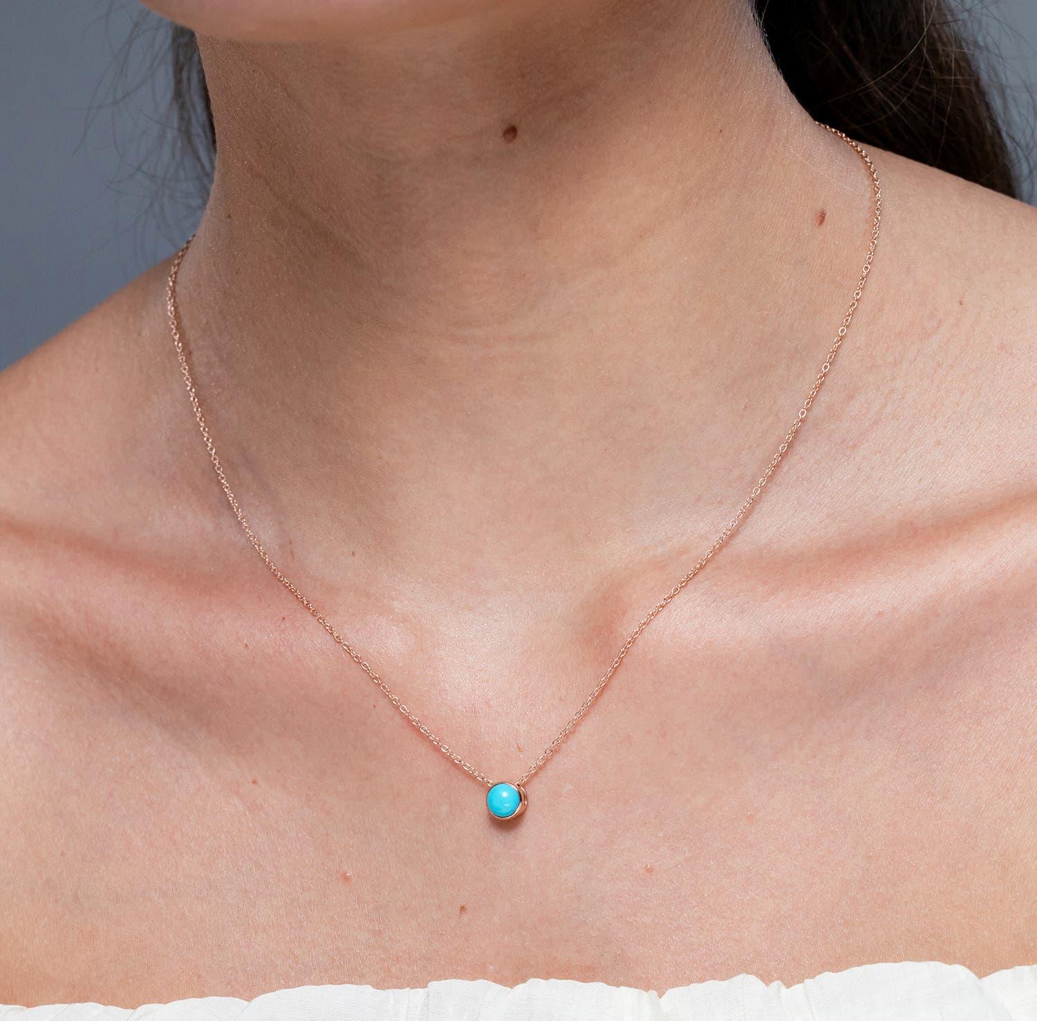 Modern Angara Natural Bezel-Set Round Turquoise Solitaire Pendant in 14K Solid Gold For Sale