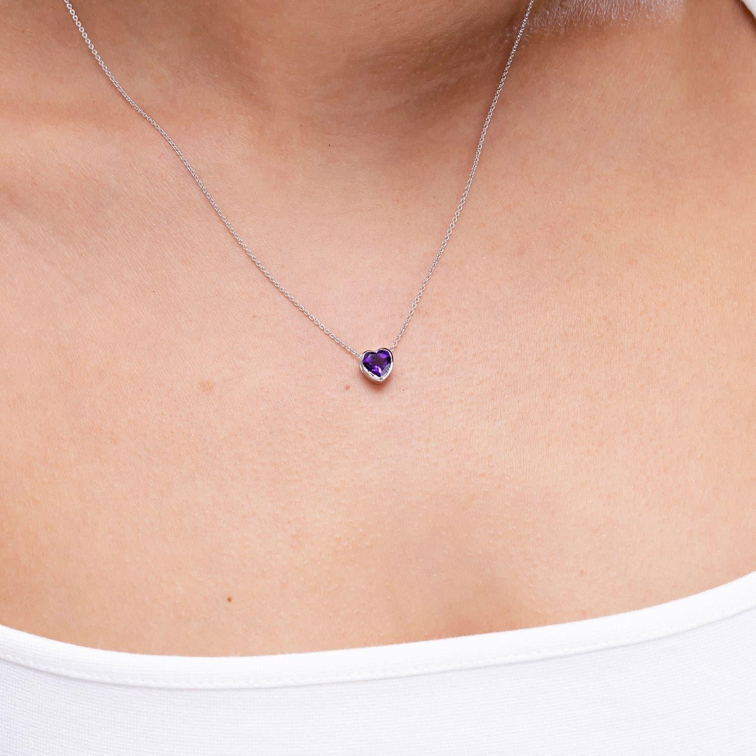 Modern Angara Natural Bezel-Set Solitaire Heart Amethyst Pendant in 14K Solid Gold For Sale