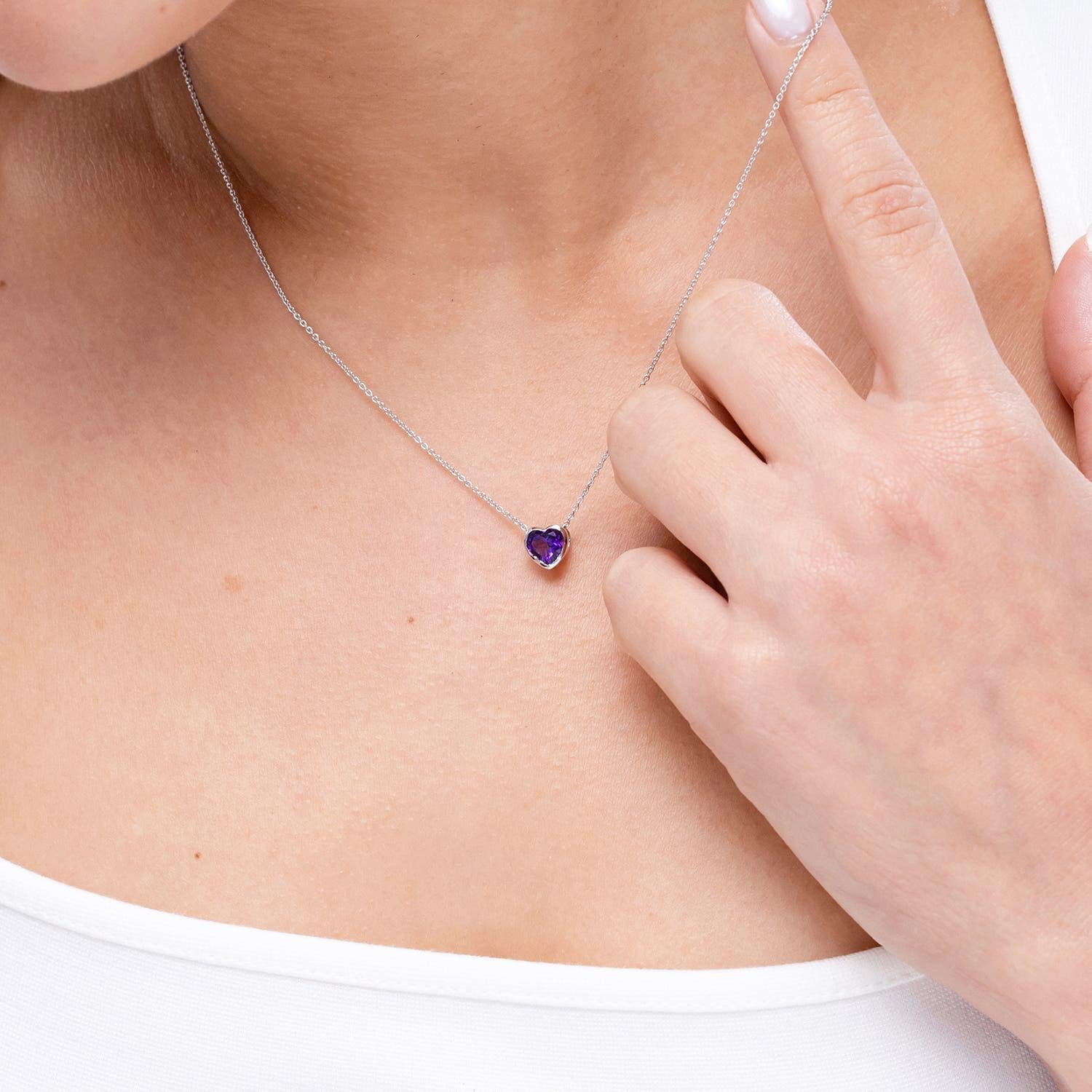 Heart Cut Angara Natural Bezel-Set Solitaire Heart Amethyst Pendant in 14K Solid Gold For Sale