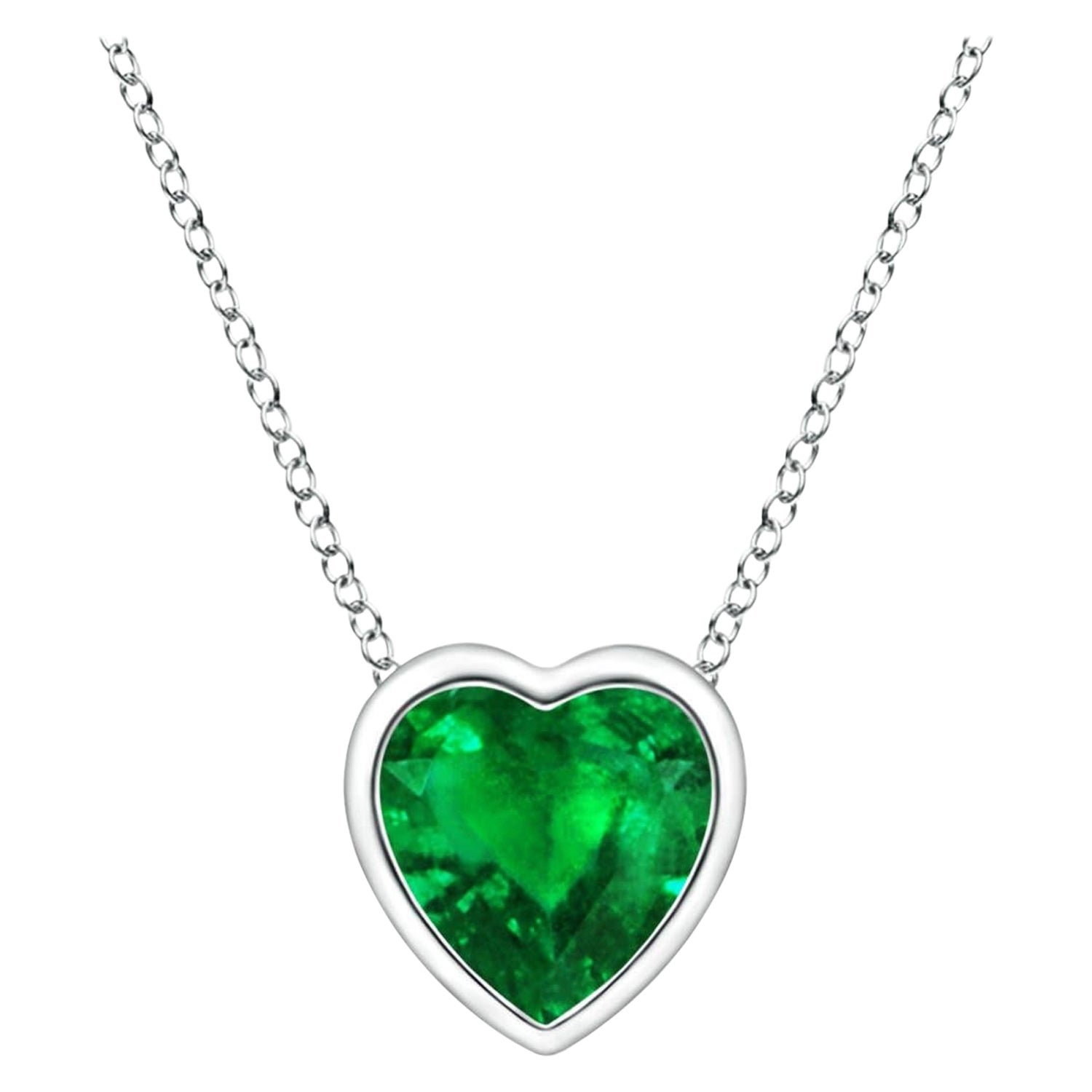 Angara Natural Bezel-Set Solitaire Heart Emerald Pendant in 14K White Gold For Sale