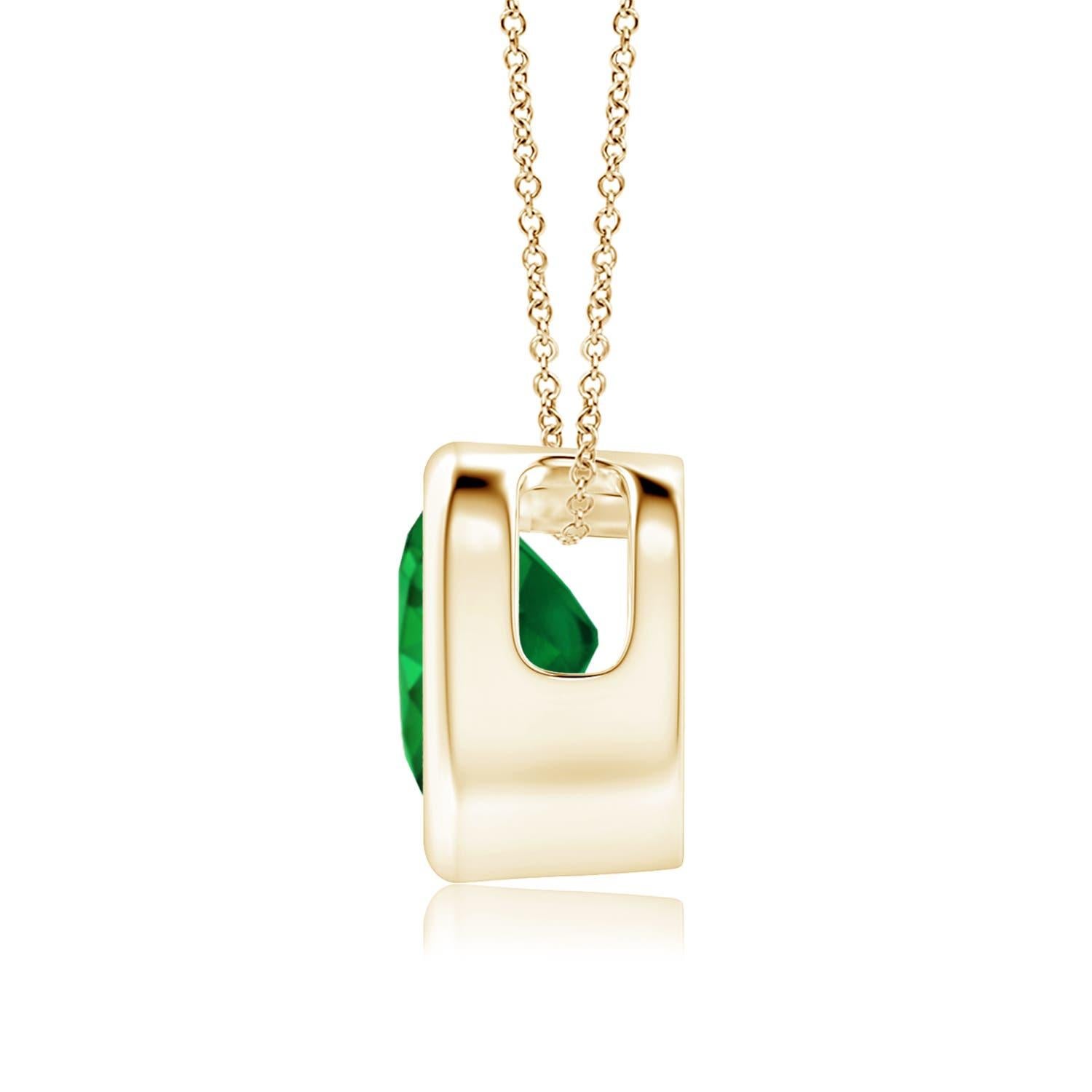 This classic solitaire emerald pendant will steal your heart with its rich green splendor. Crafted in 14k yellow gold, its design showcases a heart-shaped emerald secured in a bezel setting.
Emerald is the May birthstone and the traditional gemstone