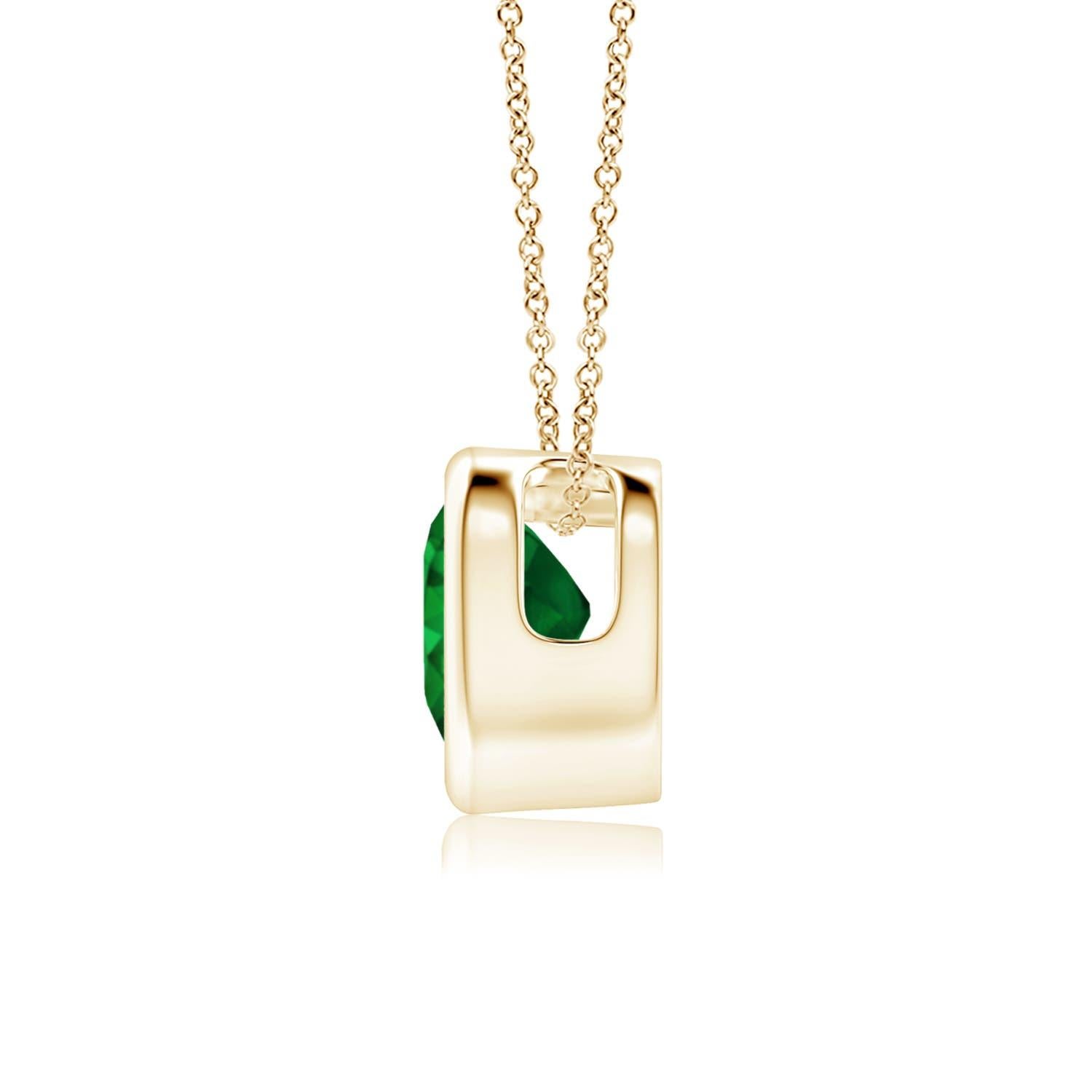 This classic solitaire emerald pendant will steal your heart with its rich green splendor. Crafted in 14k yellow gold, its design showcases a heart-shaped emerald secured in a bezel setting.
Emerald is the May birthstone and the traditional gemstone