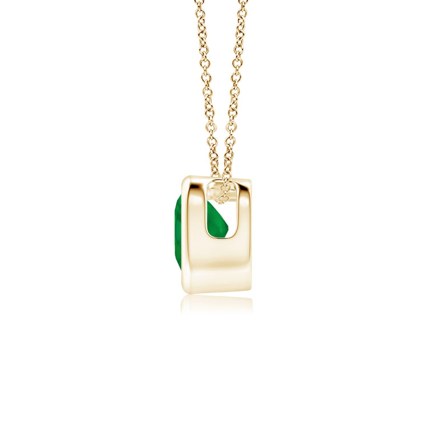 This classic solitaire emerald pendant will steal your heart with its rich green splendor. Crafted in 14k yellow gold, its design showcases a heart-shaped emerald secured in a bezel setting.
Emerald is the May birthstone and the traditional gemstone