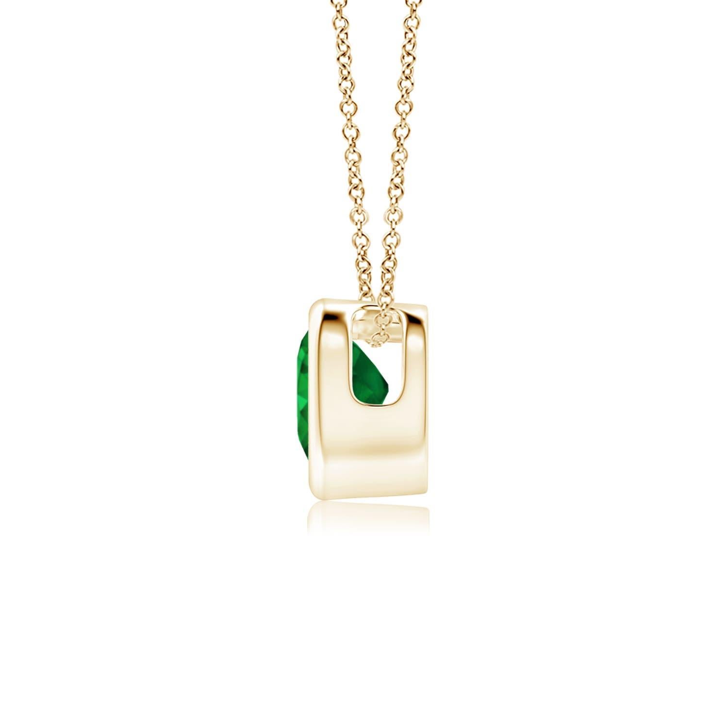 This classic solitaire emerald pendant will steal your heart with its rich green splendor. Crafted in 14k yellow gold, its design showcases a heart-shaped emerald secured in a bezel setting.
Emerald is the May birthstone and the traditional gemstone