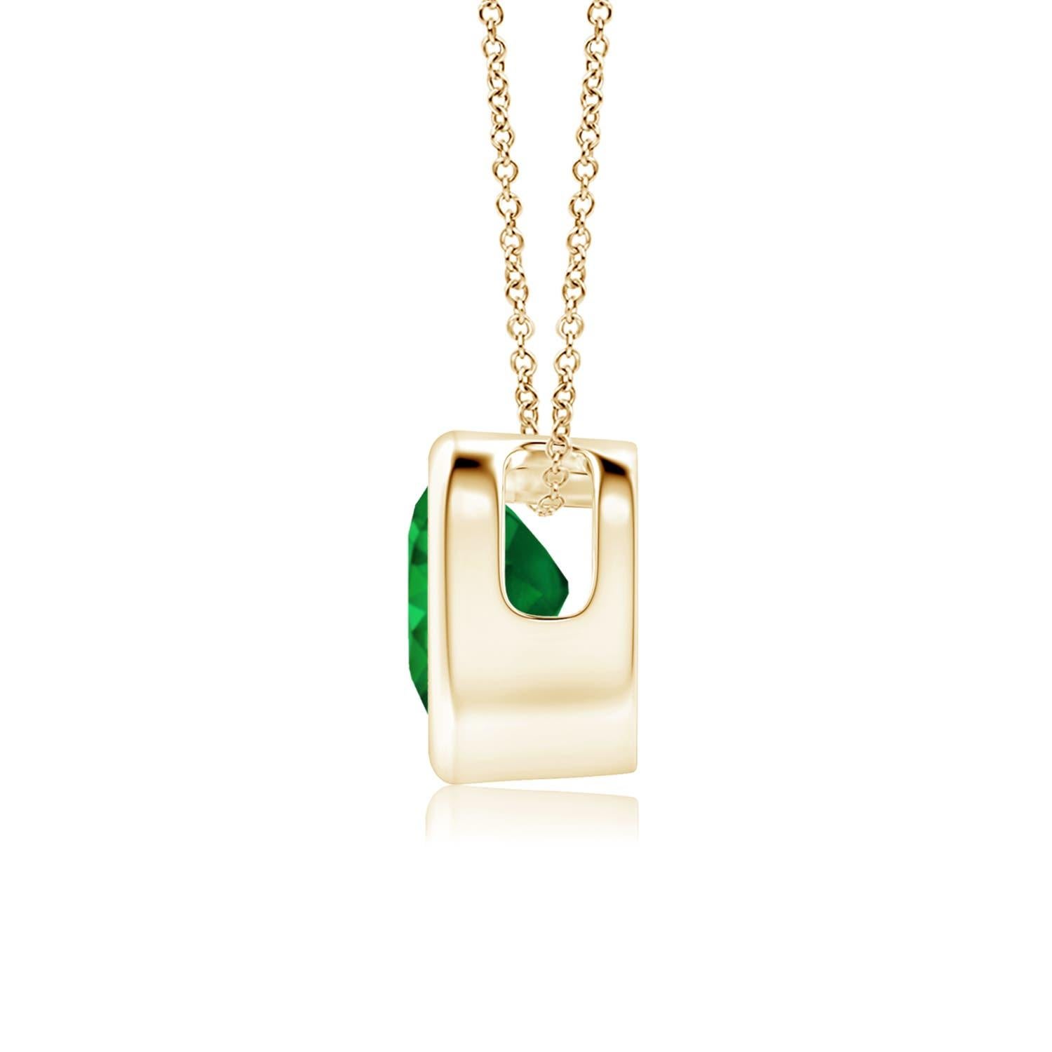 This classic solitaire emerald pendant will steal your heart with its rich green splendor. Crafted in 14k yellow gold, its design showcases a heart-shaped emerald secured in a bezel setting.
Emerald is the May birthstone and the traditional gemstone