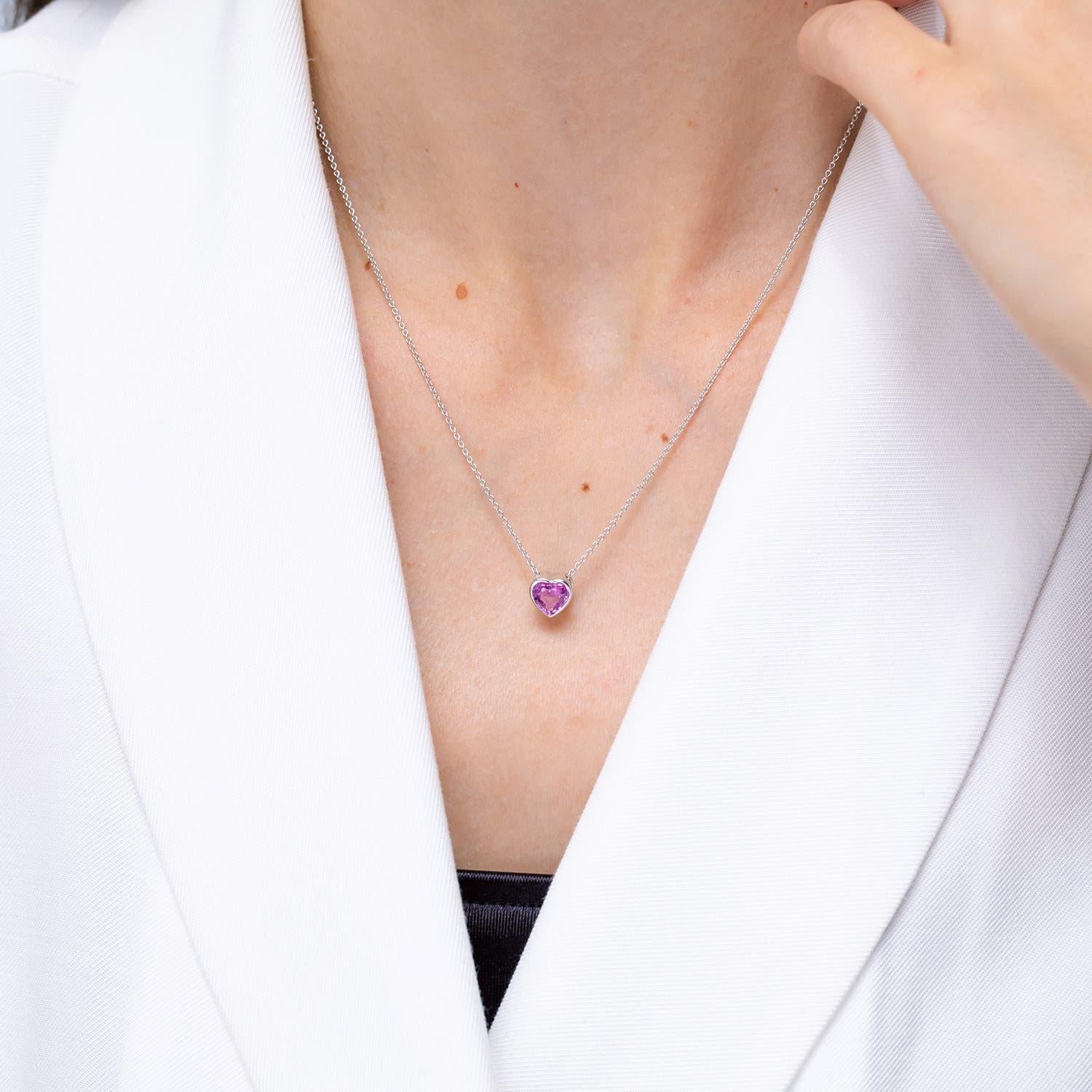 Modern Angara Natural Bezel-Set Solitaire Heart Pink Sapphire Pendant in 14K Solid Gold For Sale