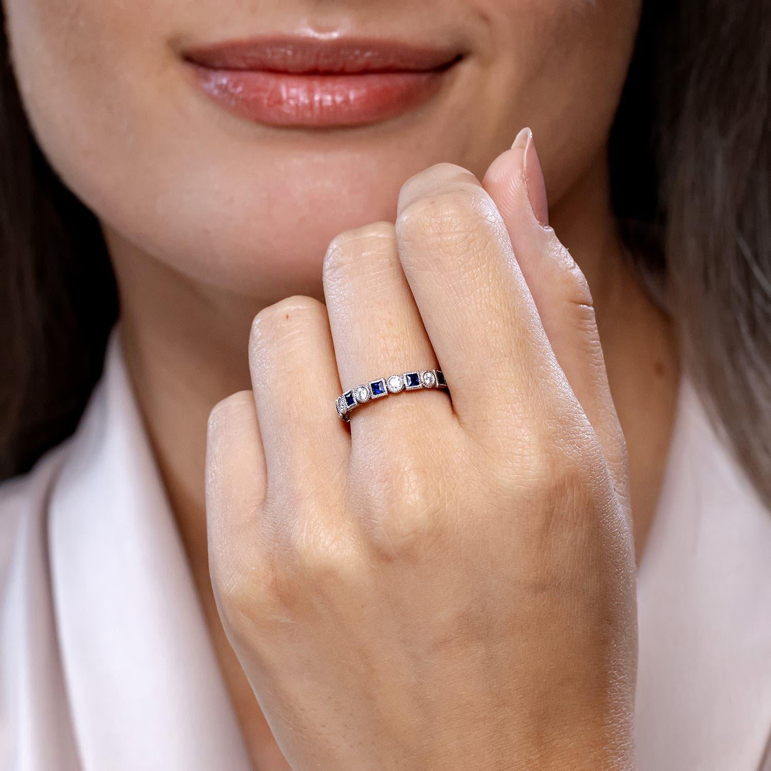 Modern Angara Natural Bezel-Set Square Sapphire and Round Diamond Ring in 14K Gold For Sale