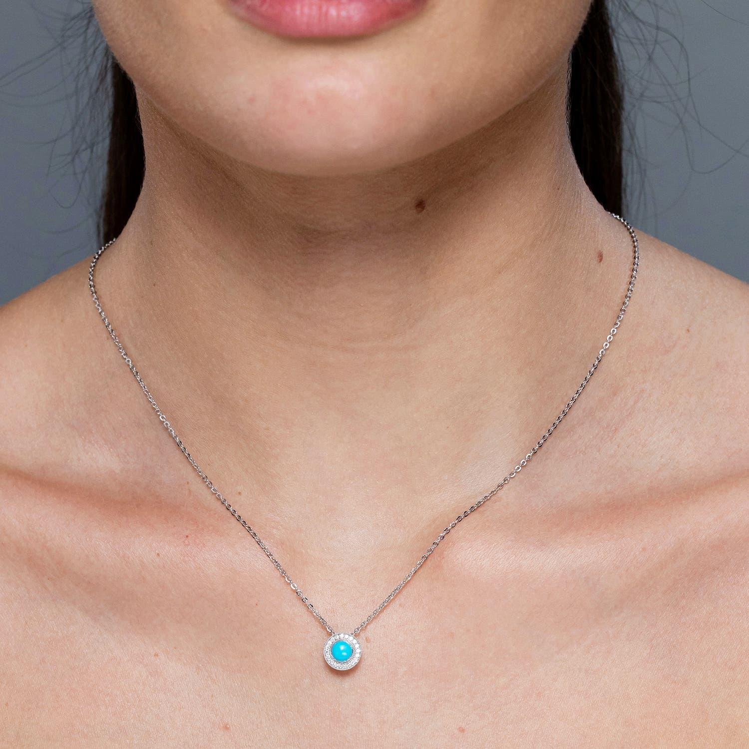 Modern Angara Natural Bezel-Set Turquoise Pendant with Diamond Halo in 14K Solid Gold For Sale