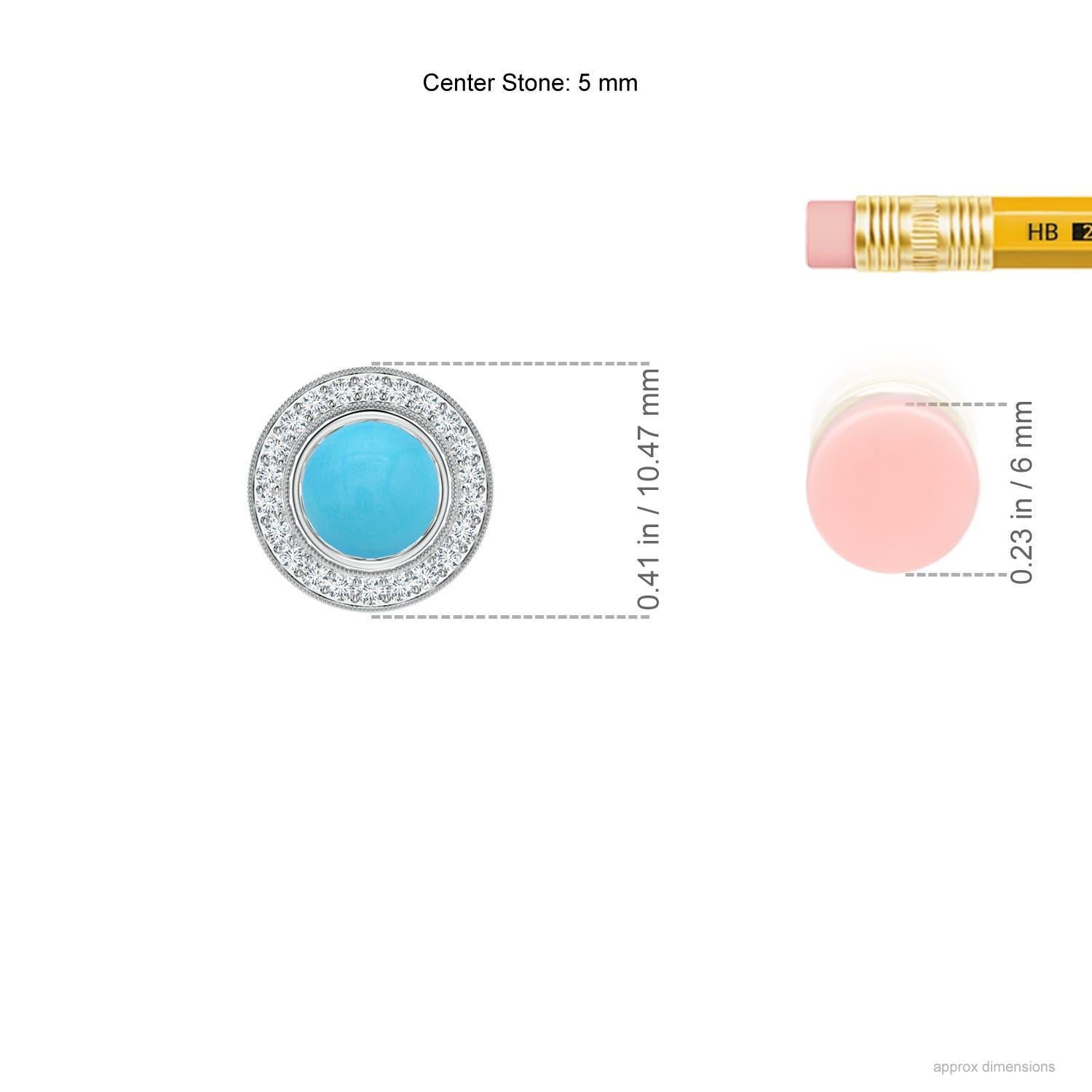 Round Cut Angara Natural Bezel-Set Turquoise Pendant with Diamond Halo in 14K Solid Gold For Sale